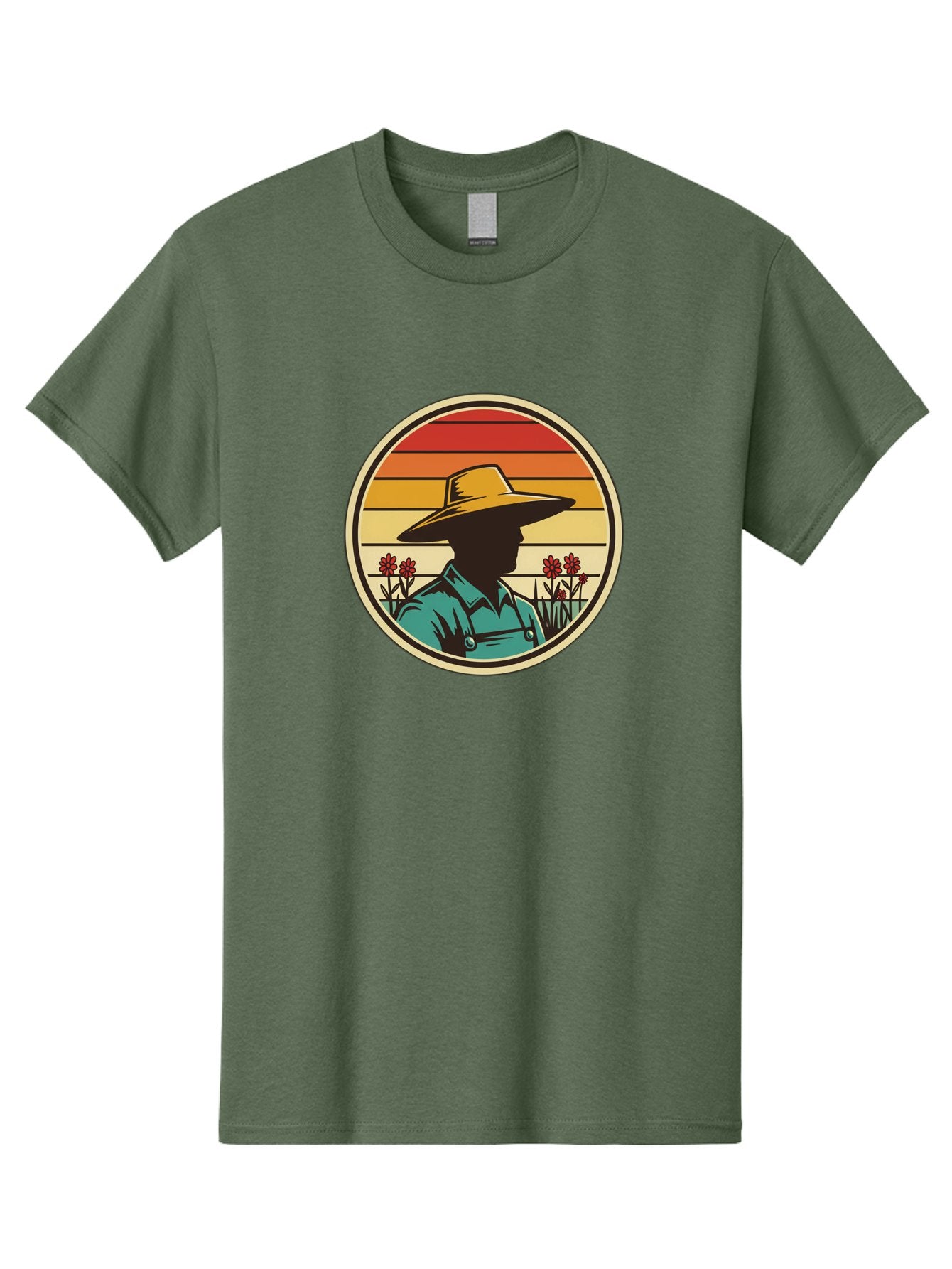 Farmer-Silhouette Men'S Graphic Tee, 100% Cotton, Comfortable Casual Summer Wear, Machine Washable, Farmer Silhouette, Vintage Style, Agricultural Theme, Retro Colors, Wide-Brimmed Hat, Collared Shirt, Flowers In Field, Warm Colors, Baa658 10