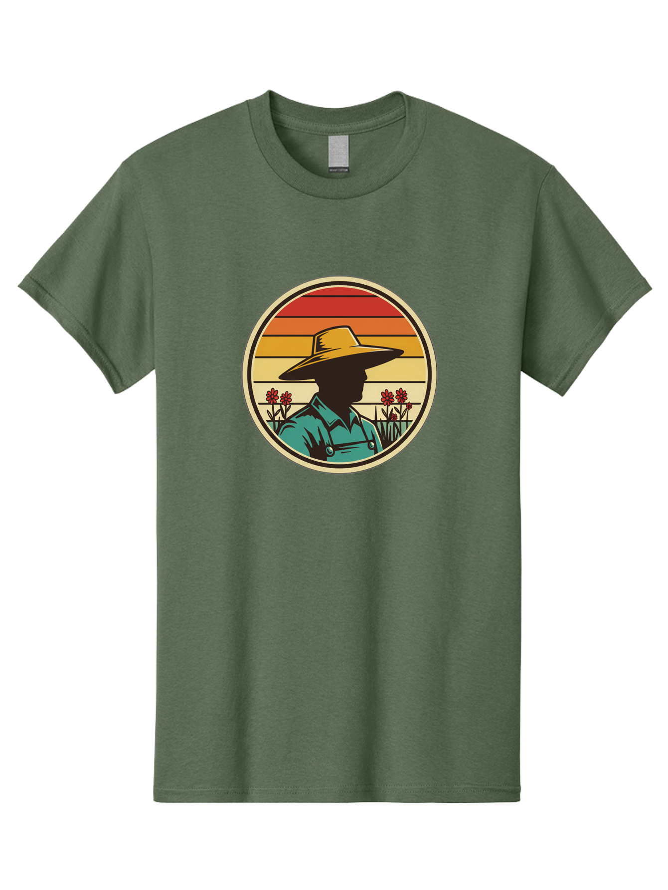 Farmer-Silhouette Men'S Graphic Tee, 100% Cotton, Comfortable Casual Summer Wear, Machine Washable, Farmer Silhouette, Vintage Style, Agricultural Theme, Retro Colors, Wide-Brimmed Hat, Collared Shirt, Flowers In Field, Warm Colors, Baa658 27