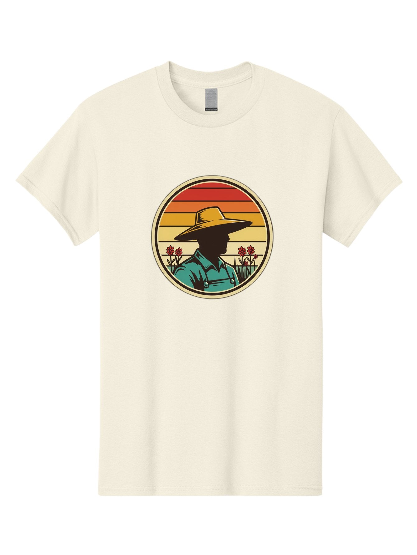 Farmer-Silhouette Men'S Graphic Tee, 100% Cotton, Comfortable Casual Summer Wear, Machine Washable, Farmer Silhouette, Vintage Style, Agricultural Theme, Retro Colors, Wide-Brimmed Hat, Collared Shirt, Flowers In Field, Warm Colors, Baa658 15