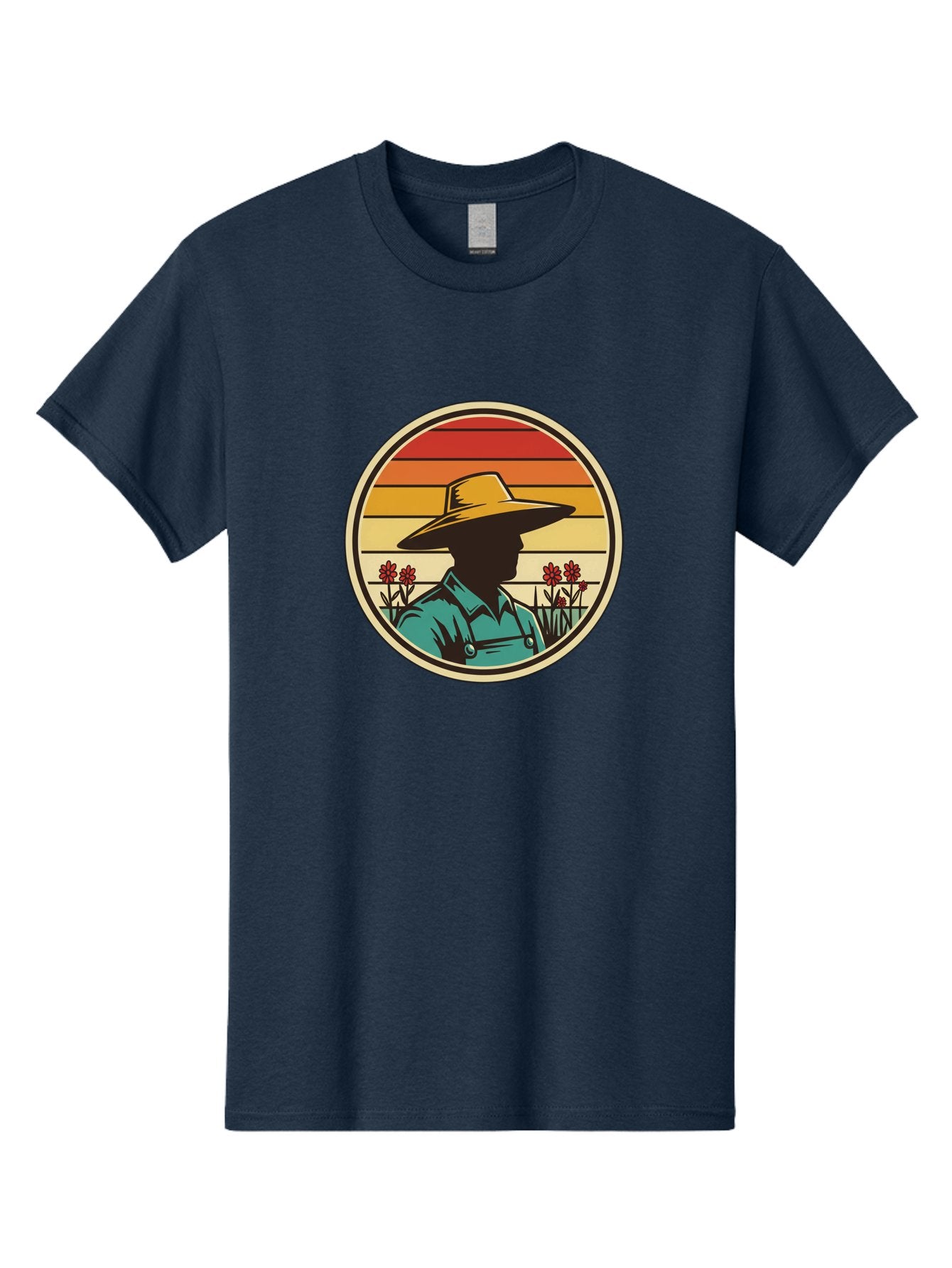 Farmer-Silhouette Men'S Graphic Tee, 100% Cotton, Comfortable Casual Summer Wear, Machine Washable, Farmer Silhouette, Vintage Style, Agricultural Theme, Retro Colors, Wide-Brimmed Hat, Collared Shirt, Flowers In Field, Warm Colors, Baa658 9