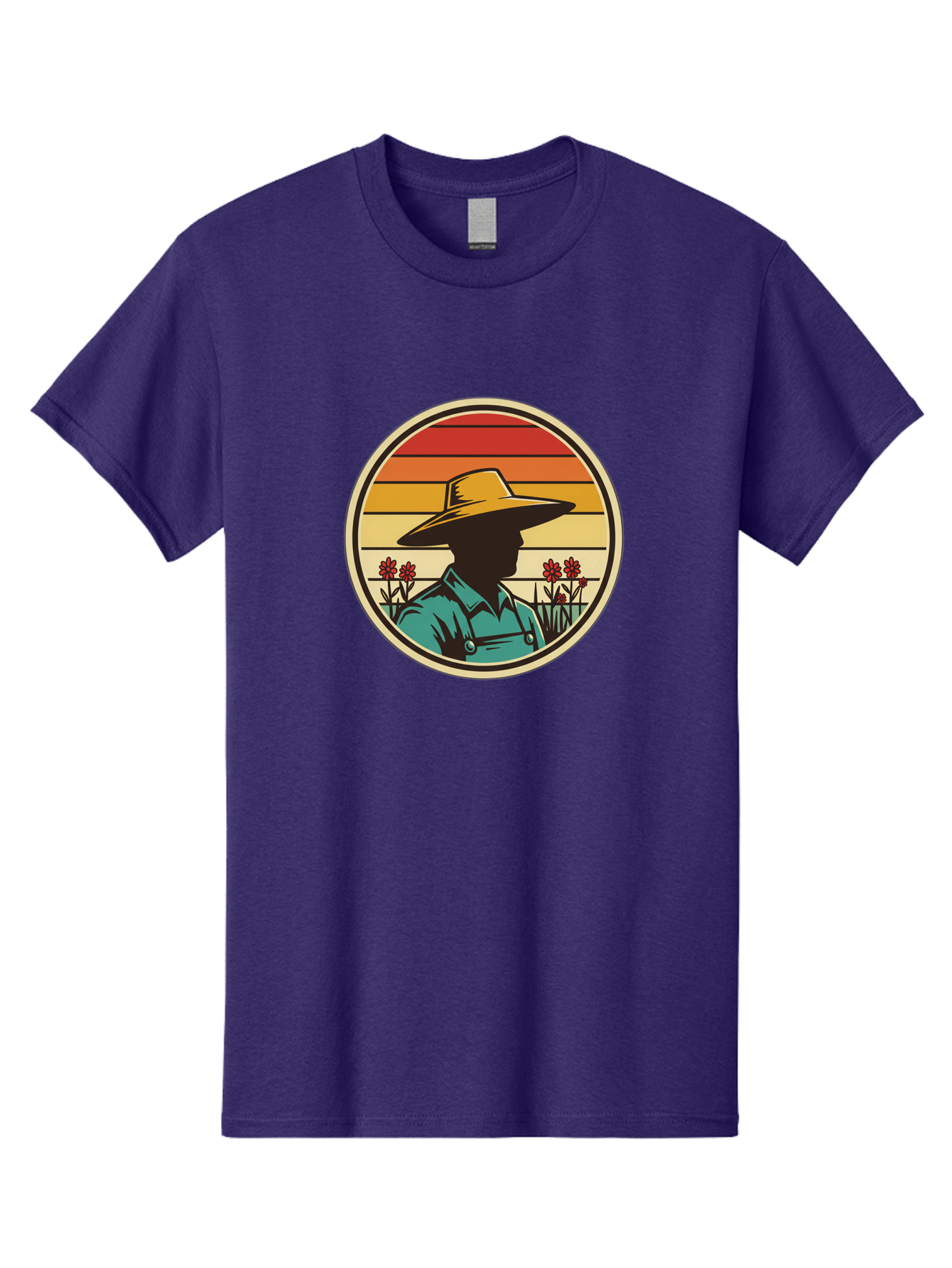 Farmer-Silhouette Men'S Graphic Tee, 100% Cotton, Comfortable Casual Summer Wear, Machine Washable, Farmer Silhouette, Vintage Style, Agricultural Theme, Retro Colors, Wide-Brimmed Hat, Collared Shirt, Flowers In Field, Warm Colors, Baa658 19