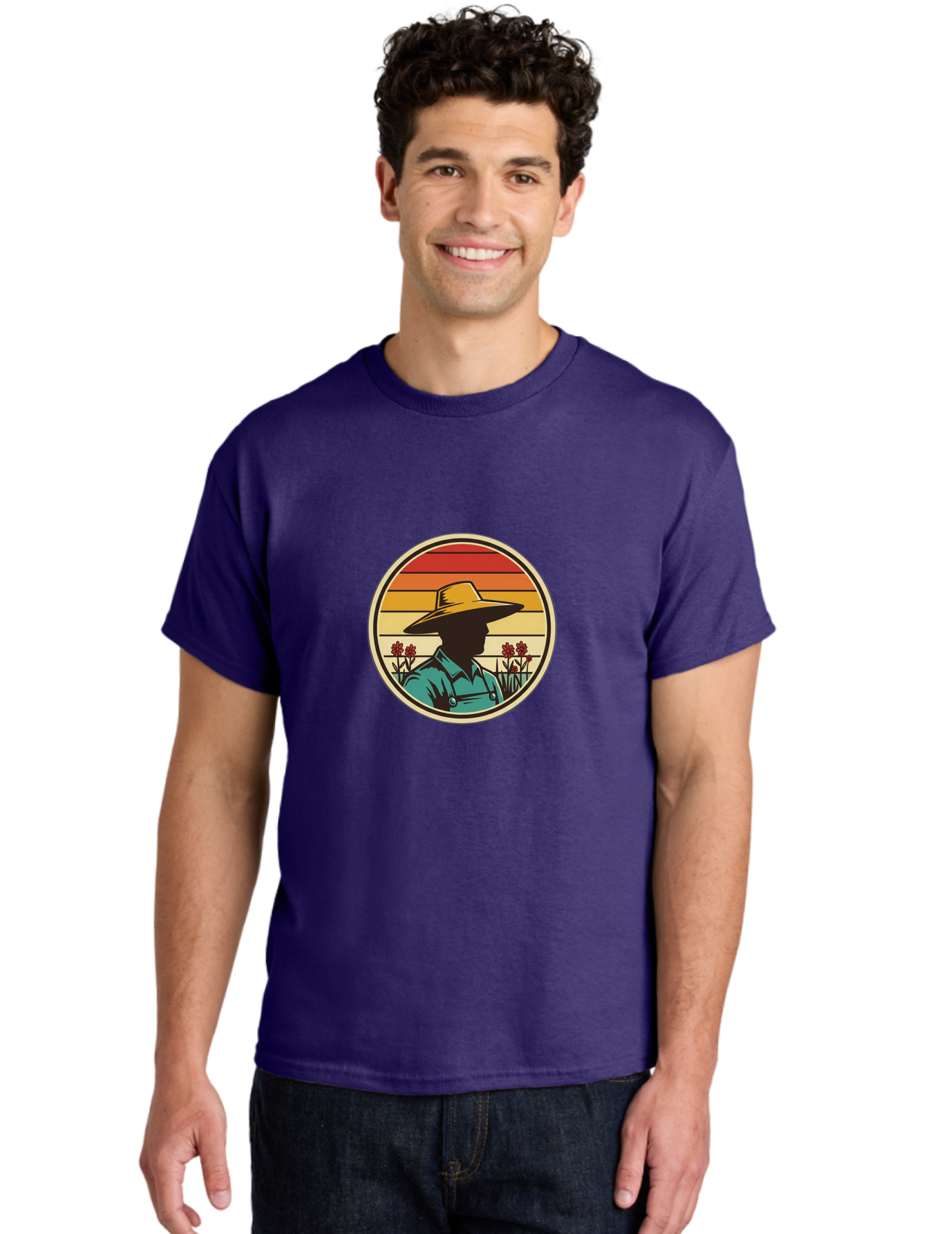 Farmer-Silhouette Men'S Graphic Tee, 100% Cotton, Comfortable Casual Summer Wear, Machine Washable, Farmer Silhouette, Vintage Style, Agricultural Theme, Retro Colors, Wide-Brimmed Hat, Collared Shirt, Flowers In Field, Warm Colors, Baa658 20