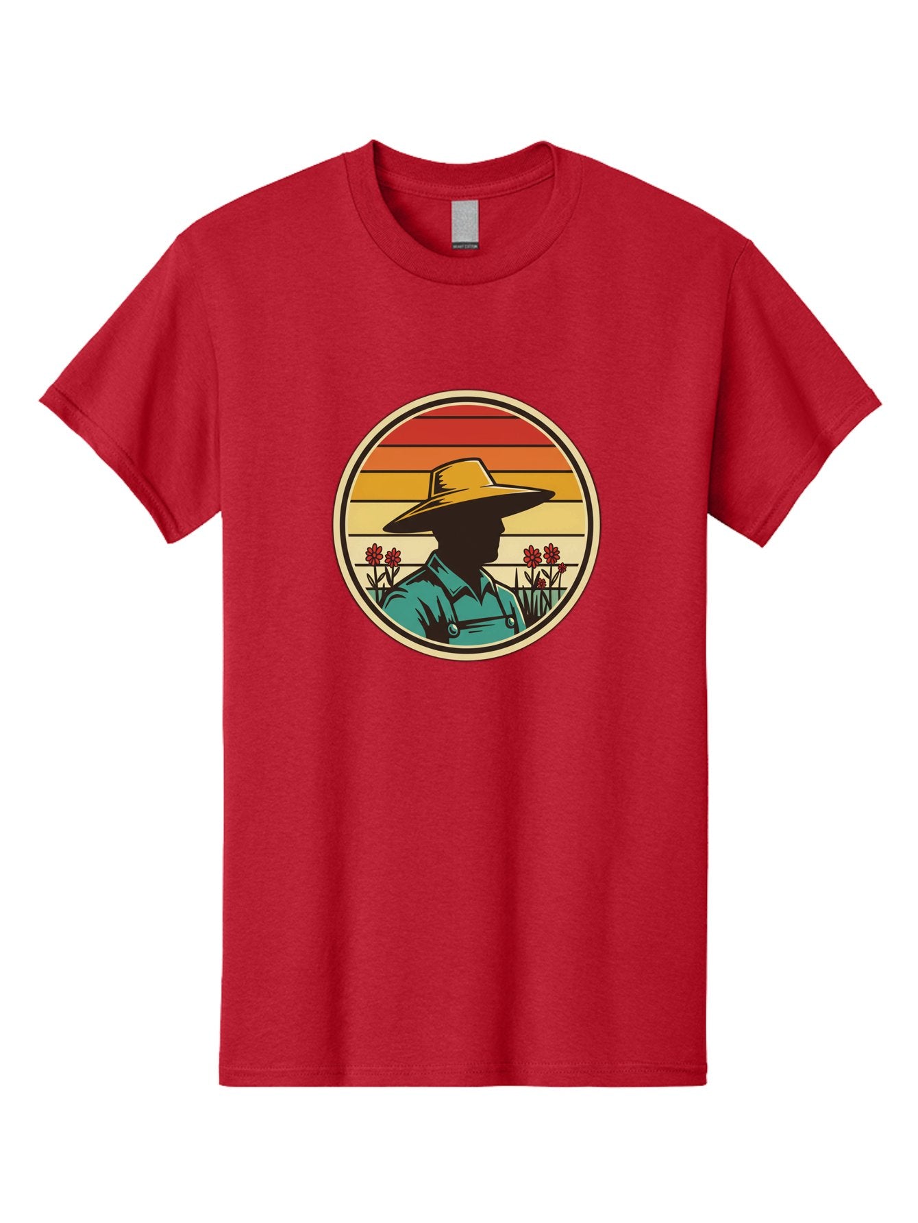 Farmer-Silhouette Men'S Graphic Tee, 100% Cotton, Comfortable Casual Summer Wear, Machine Washable, Farmer Silhouette, Vintage Style, Agricultural Theme, Retro Colors, Wide-Brimmed Hat, Collared Shirt, Flowers In Field, Warm Colors, Baa658 6