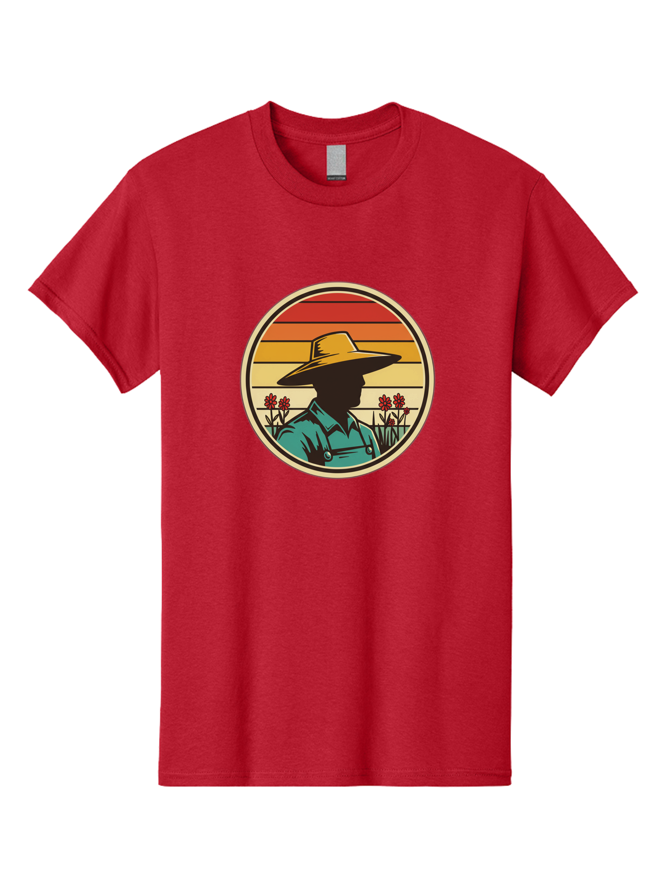 Farmer-Silhouette Men'S Graphic Tee, 100% Cotton, Comfortable Casual Summer Wear, Machine Washable, Farmer Silhouette, Vintage Style, Agricultural Theme, Retro Colors, Wide-Brimmed Hat, Collared Shirt, Flowers In Field, Warm Colors, Baa658 13