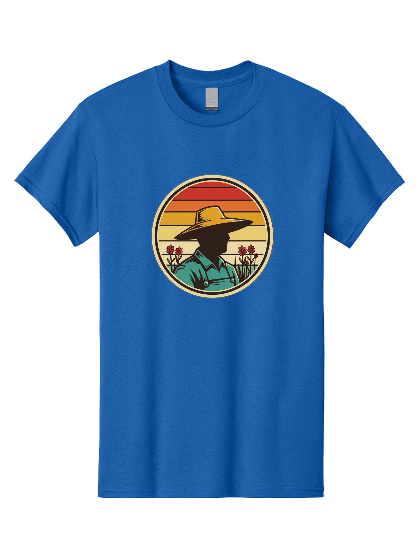 Farmer-Silhouette Men'S Graphic Tee, 100% Cotton, Comfortable Casual Summer Wear, Machine Washable, Farmer Silhouette, Vintage Style, Agricultural Theme, Retro Colors, Wide-Brimmed Hat, Collared Shirt, Flowers In Field, Warm Colors, Baa658 15
