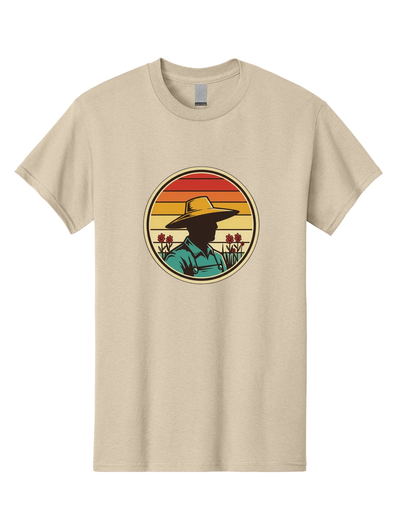 Farmer-Silhouette Men'S Graphic Tee, 100% Cotton, Comfortable Casual Summer Wear, Machine Washable, Farmer Silhouette, Vintage Style, Agricultural Theme, Retro Colors, Wide-Brimmed Hat, Collared Shirt, Flowers In Field, Warm Colors, Baa658 7