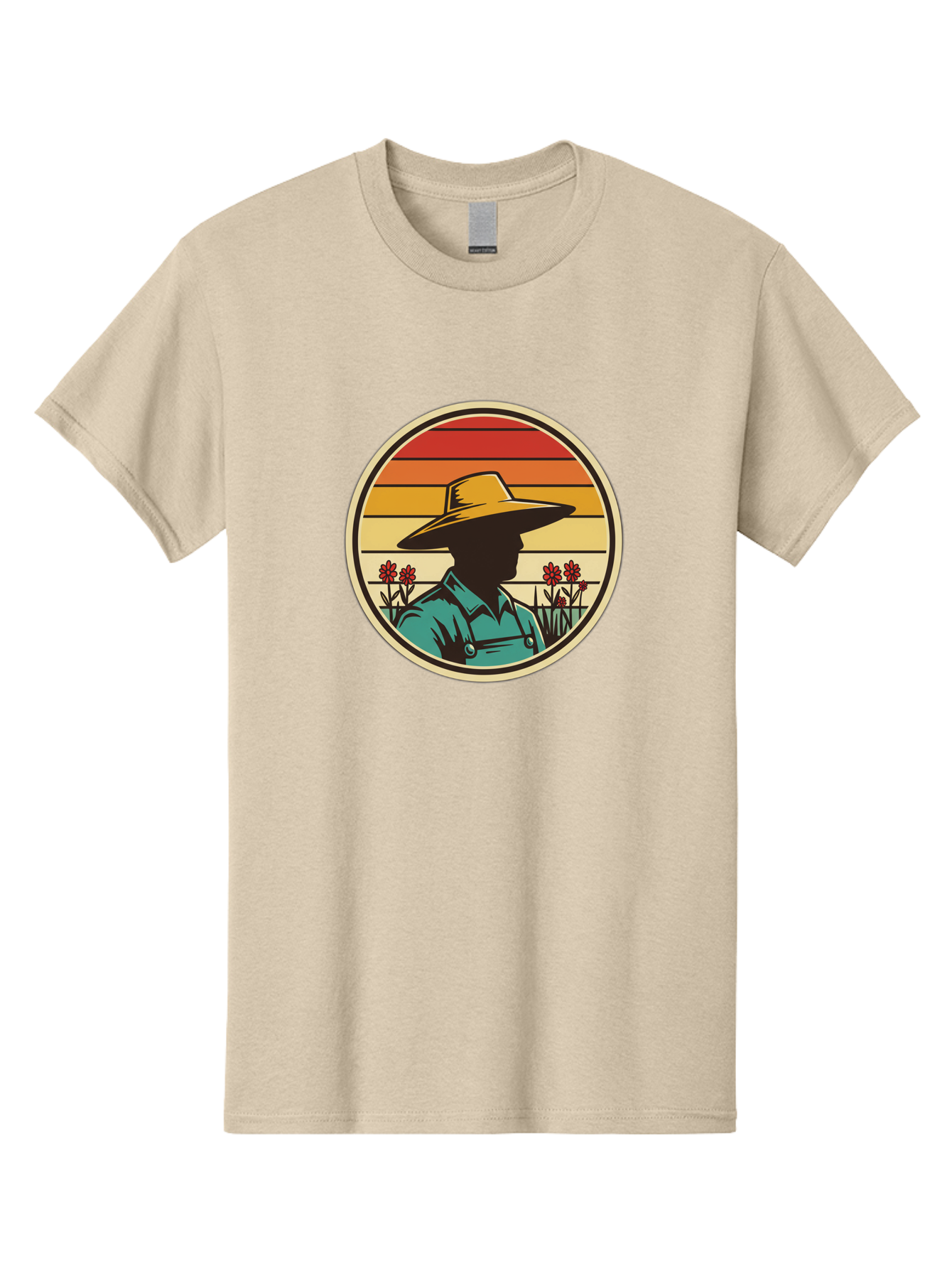 Farmer-Silhouette Men'S Graphic Tee, 100% Cotton, Comfortable Casual Summer Wear, Machine Washable, Farmer Silhouette, Vintage Style, Agricultural Theme, Retro Colors, Wide-Brimmed Hat, Collared Shirt, Flowers In Field, Warm Colors, Baa658 25