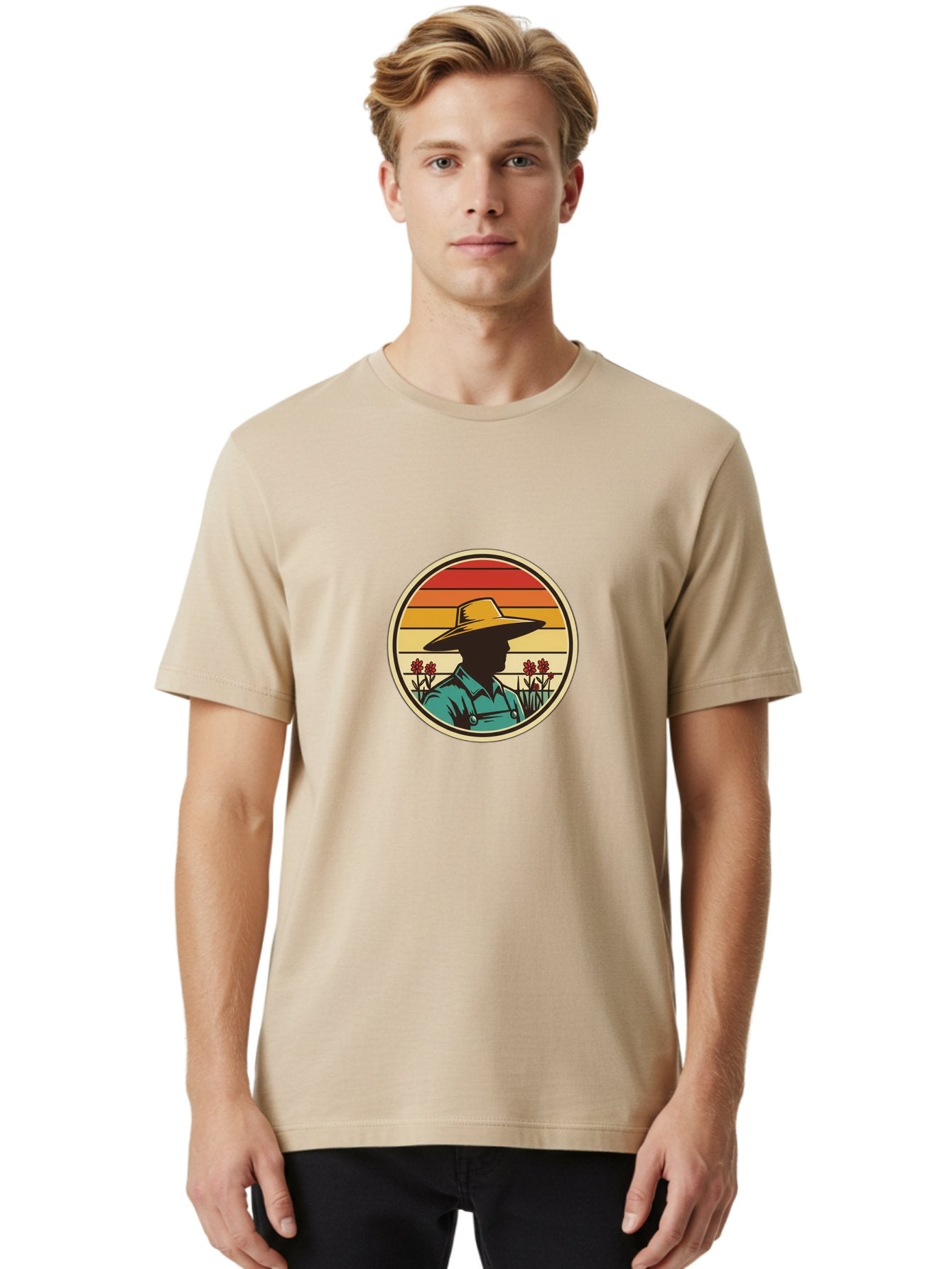 Farmer-Silhouette Men'S Graphic Tee, 100% Cotton, Comfortable Casual Summer Wear, Machine Washable, Farmer Silhouette, Vintage Style, Agricultural Theme, Retro Colors, Wide-Brimmed Hat, Collared Shirt, Flowers In Field, Warm Colors, Baa658 16
