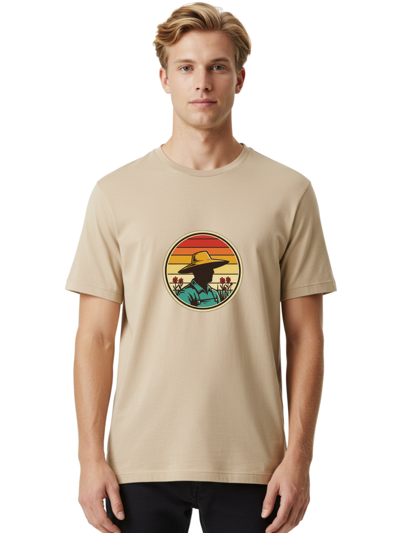 Farmer-Silhouette Men'S Graphic Tee, 100% Cotton, Comfortable Casual Summer Wear, Machine Washable, Farmer Silhouette, Vintage Style, Agricultural Theme, Retro Colors, Wide-Brimmed Hat, Collared Shirt, Flowers In Field, Warm Colors, Baa658 26