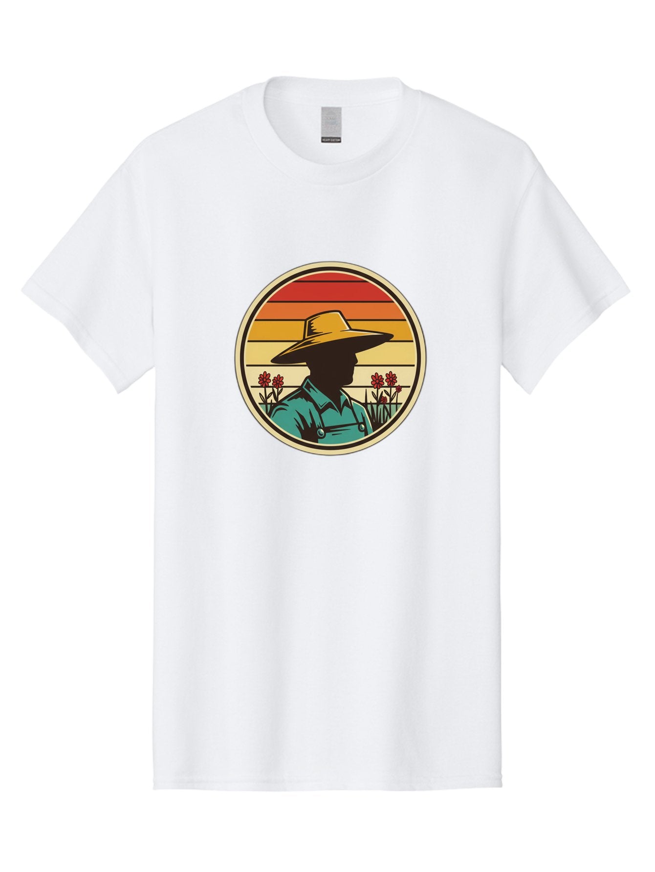 Farmer-Silhouette Men'S Graphic Tee, 100% Cotton, Comfortable Casual Summer Wear, Machine Washable, Farmer Silhouette, Vintage Style, Agricultural Theme, Retro Colors, Wide-Brimmed Hat, Collared Shirt, Flowers In Field, Warm Colors, Baa658 4