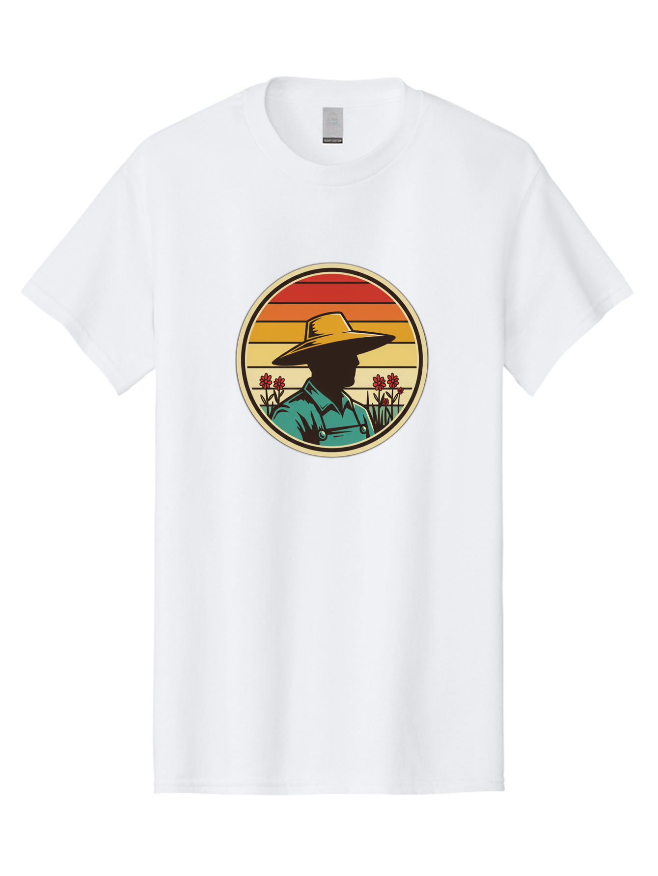 Farmer-Silhouette Men'S Graphic Tee, 100% Cotton, Comfortable Casual Summer Wear, Machine Washable, Farmer Silhouette, Vintage Style, Agricultural Theme, Retro Colors, Wide-Brimmed Hat, Collared Shirt, Flowers In Field, Warm Colors, Baa658 23