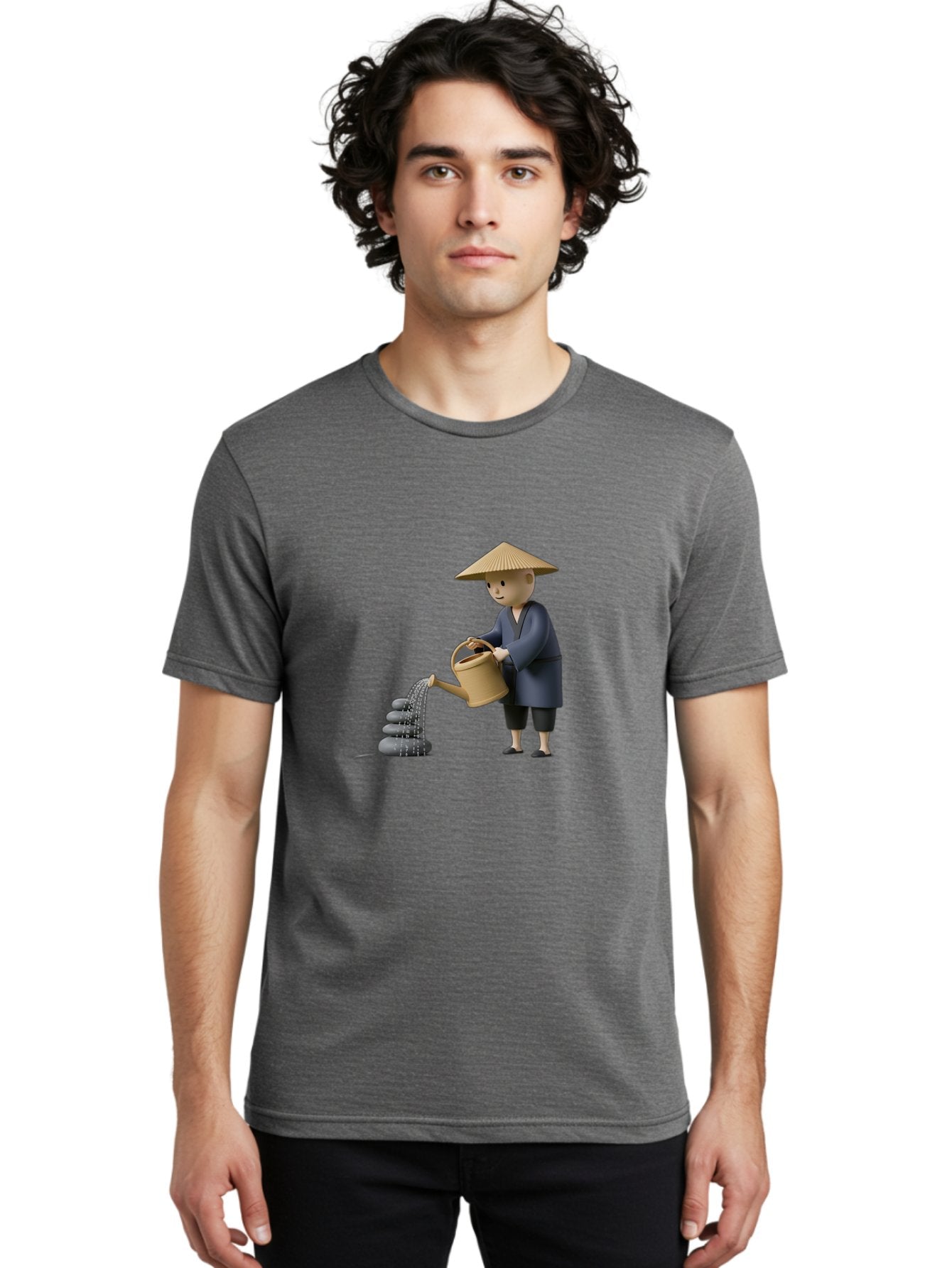 Farmer-Watering-Rocks Men'S Graphic Tee, 100% Cotton, Comfortable Casual Summer Wear, Machine Washable, Monk Watering Stones, Zen Garden, Peaceful Atmosphere, Serene Ambiance, Calming Scene, Tranquil Setting, 3D Illustration, Cartoon Style Baa659 26