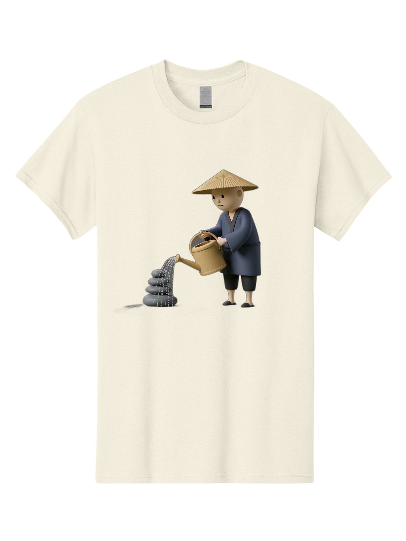 Farmer-Watering-Rocks Men'S Graphic Tee, 100% Cotton, Comfortable Casual Summer Wear, Machine Washable, Monk Watering Stones, Zen Garden, Peaceful Atmosphere, Serene Ambiance, Calming Scene, Tranquil Setting, 3D Illustration, Cartoon Style Baa659 3