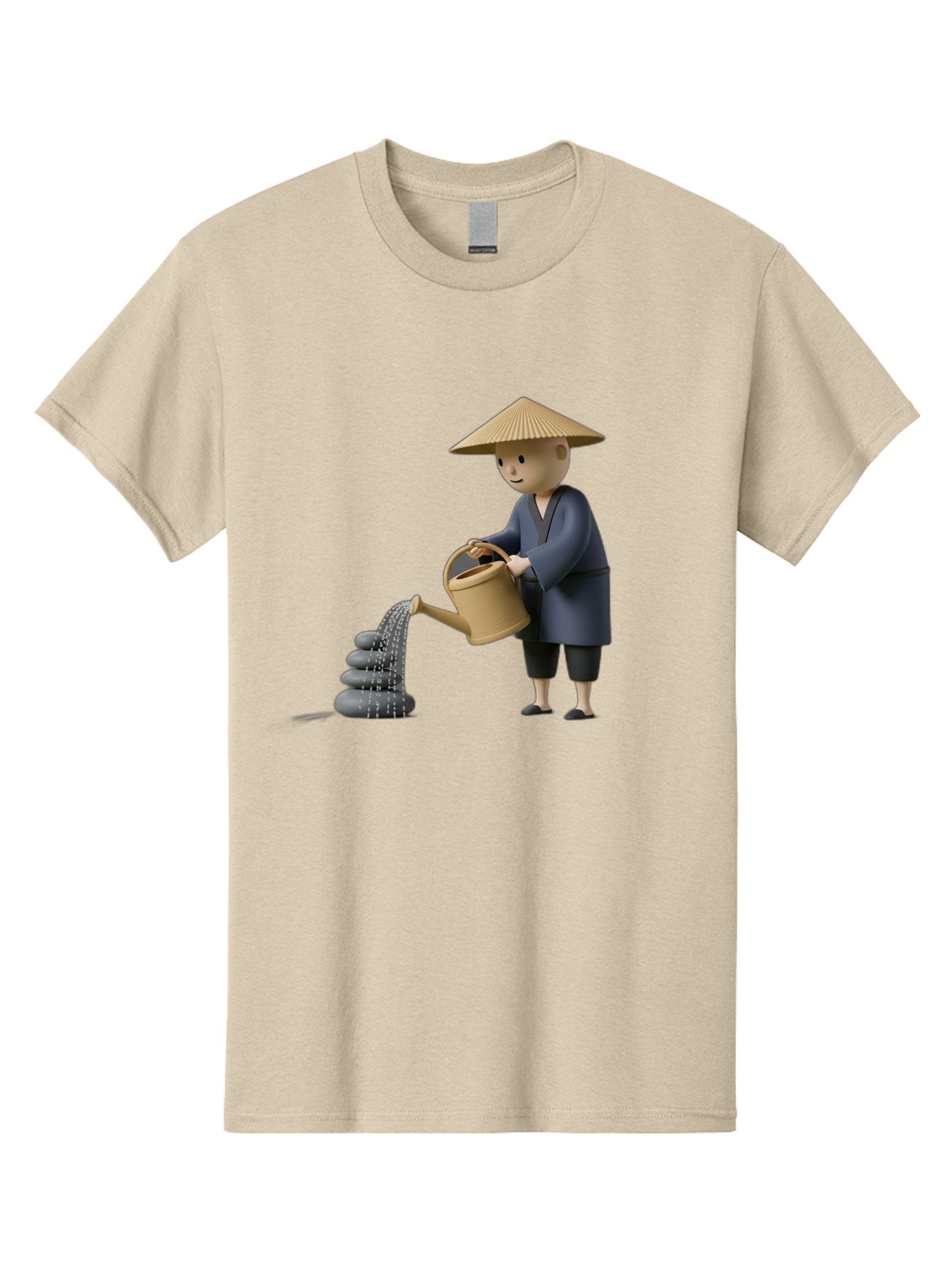 Farmer-Watering-Rocks Men'S Graphic Tee, 100% Cotton, Comfortable Casual Summer Wear, Machine Washable, Monk Watering Stones, Zen Garden, Peaceful Atmosphere, Serene Ambiance, Calming Scene, Tranquil Setting, 3D Illustration, Cartoon Style Baa659