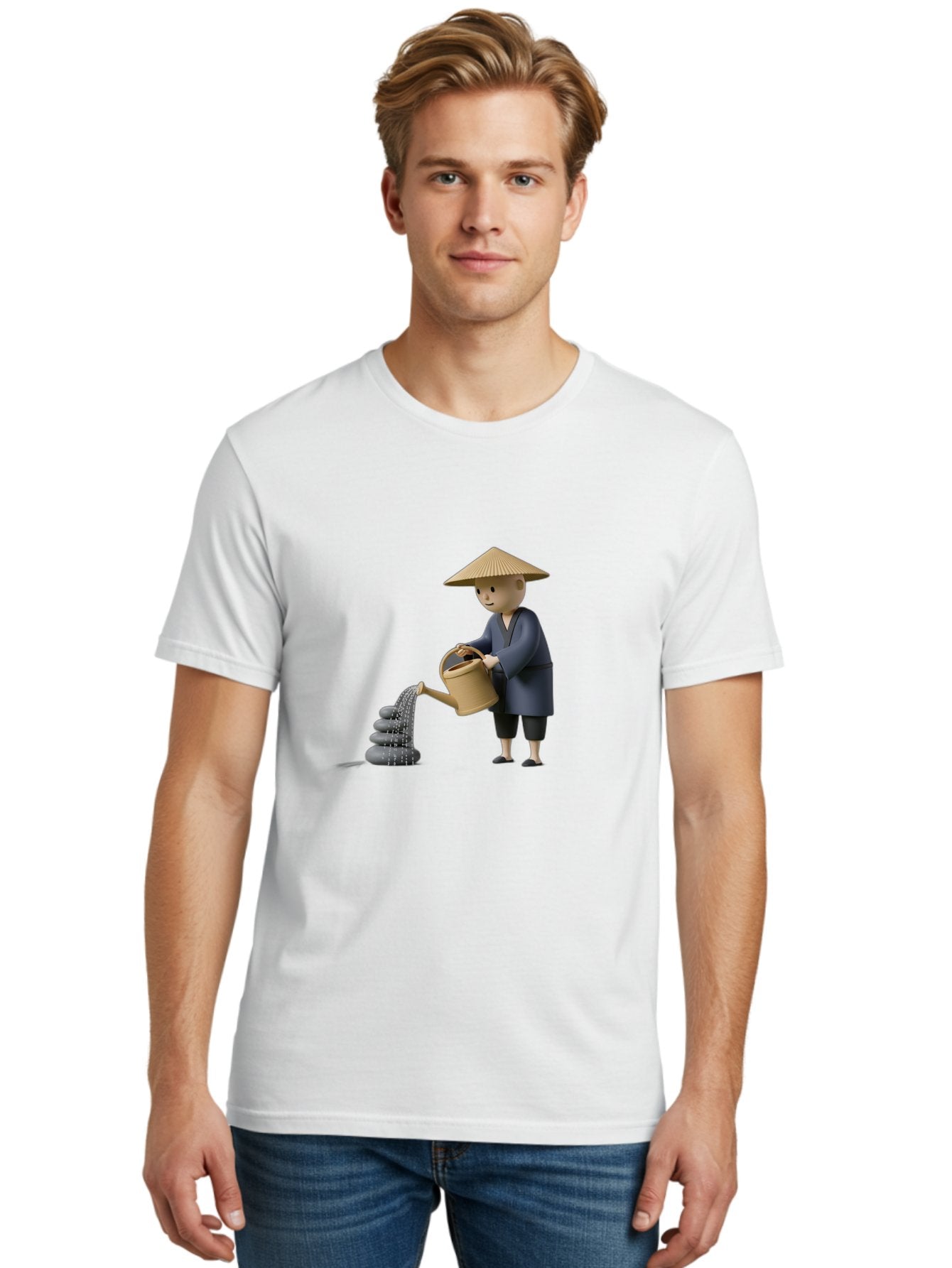 Farmer-Watering-Rocks Men'S Graphic Tee, 100% Cotton, Comfortable Casual Summer Wear, Machine Washable, Monk Watering Stones, Zen Garden, Peaceful Atmosphere, Serene Ambiance, Calming Scene, Tranquil Setting, 3D Illustration, Cartoon Style Baa659 28