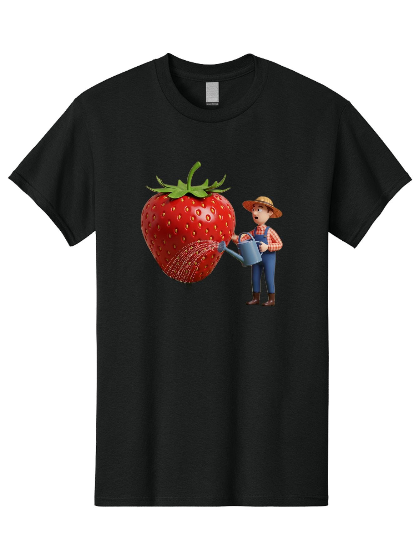 Farmer-Waters-Strawberry Men'S Graphic Tee, 100% Cotton, Comfortable Casual Summer Wear, Machine Washable, Cartoon Farmer Watering Giant Strawberry, Rural Life, Fruit Care, Gardening Scene, Farm Fresh Produce, Agricultural Theme, Baa660 15
