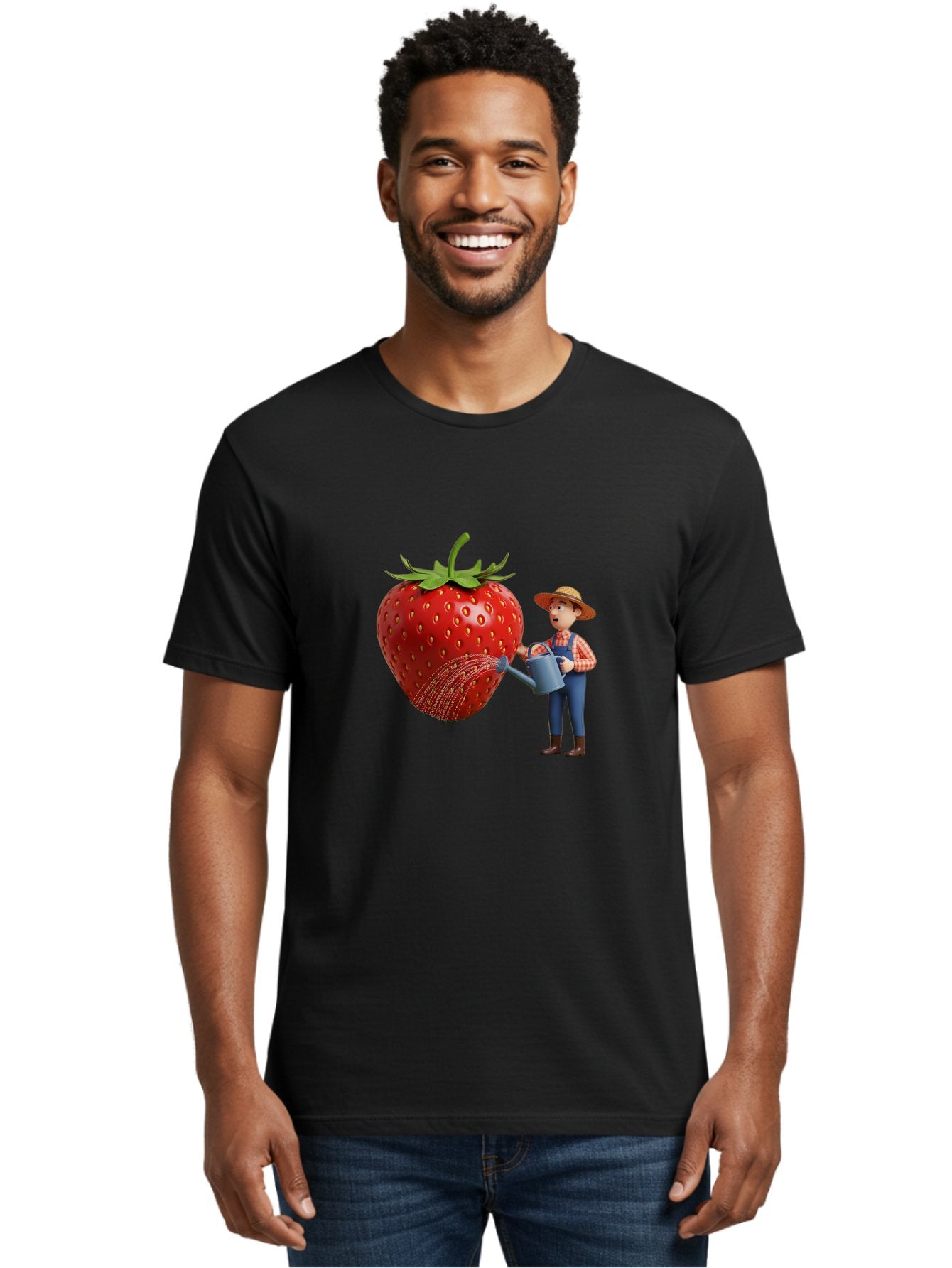 Farmer-Waters-Strawberry Men'S Graphic Tee, 100% Cotton, Comfortable Casual Summer Wear, Machine Washable, Cartoon Farmer Watering Giant Strawberry, Rural Life, Fruit Care, Gardening Scene, Farm Fresh Produce, Agricultural Theme, Baa660 30