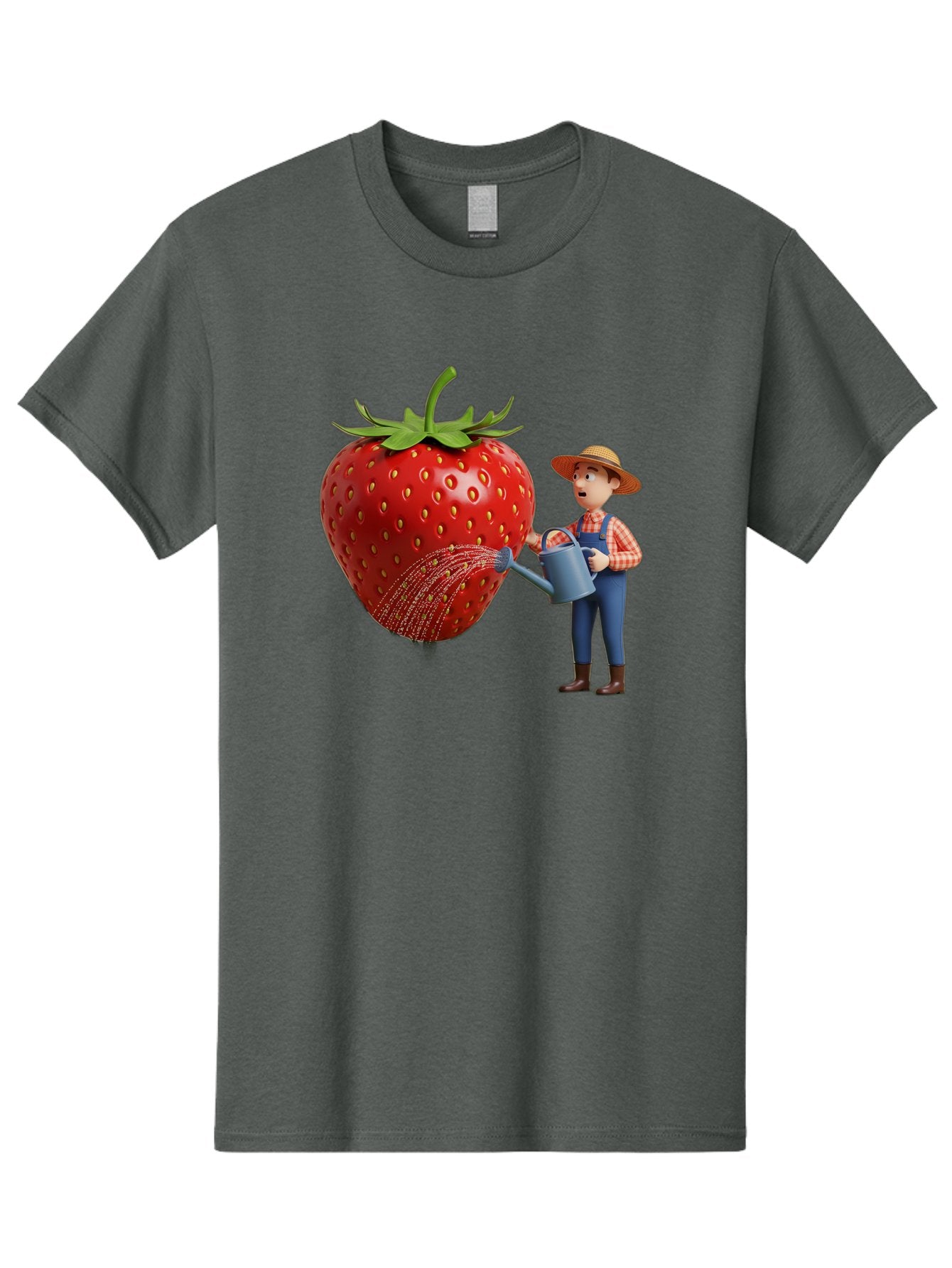 Farmer-Waters-Strawberry Men'S Graphic Tee, 100% Cotton, Comfortable Casual Summer Wear, Machine Washable, Cartoon Farmer Watering Giant Strawberry, Rural Life, Fruit Care, Gardening Scene, Farm Fresh Produce, Agricultural Theme, Baa660