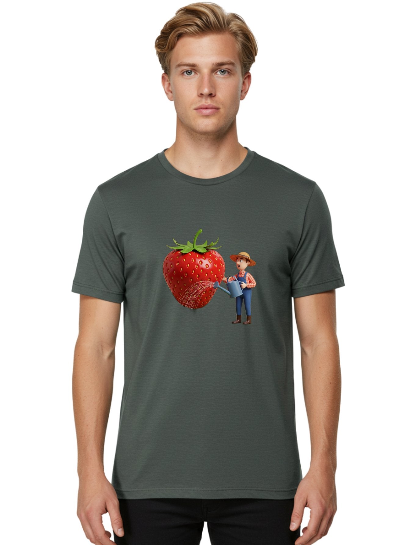 Farmer-Waters-Strawberry Men'S Graphic Tee, 100% Cotton, Comfortable Casual Summer Wear, Machine Washable, Cartoon Farmer Watering Giant Strawberry, Rural Life, Fruit Care, Gardening Scene, Farm Fresh Produce, Agricultural Theme, Baa660 19