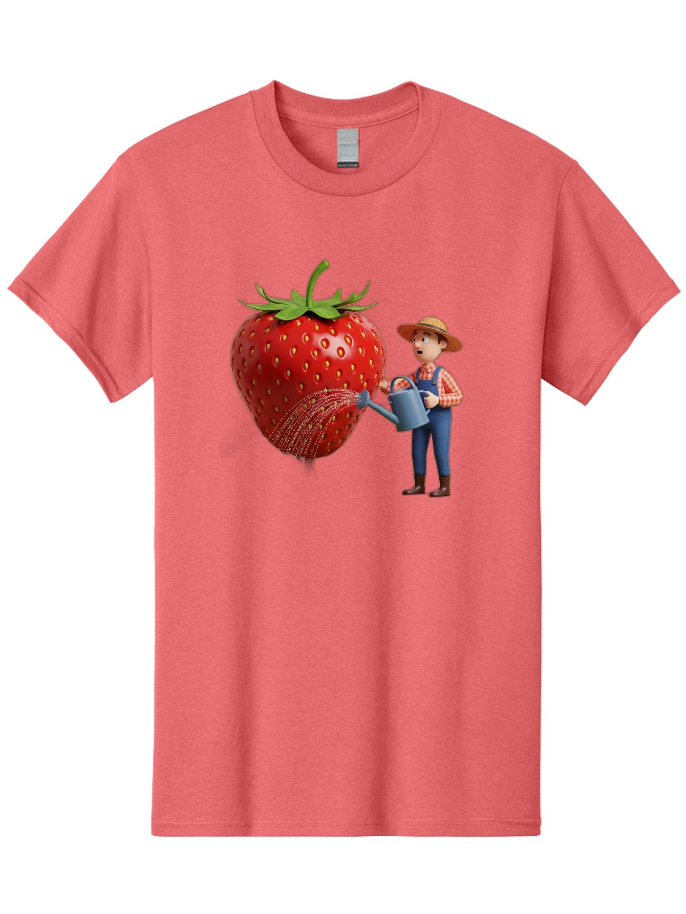 Farmer-Waters-Strawberry Men'S Graphic Tee, 100% Cotton, Comfortable Casual Summer Wear, Machine Washable, Cartoon Farmer Watering Giant Strawberry, Rural Life, Fruit Care, Gardening Scene, Farm Fresh Produce, Agricultural Theme, Baa660 4