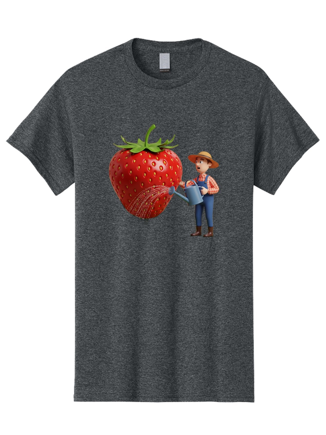 Farmer-Waters-Strawberry Men'S Graphic Tee, 100% Cotton, Comfortable Casual Summer Wear, Machine Washable, Cartoon Farmer Watering Giant Strawberry, Rural Life, Fruit Care, Gardening Scene, Farm Fresh Produce, Agricultural Theme, Baa660 3