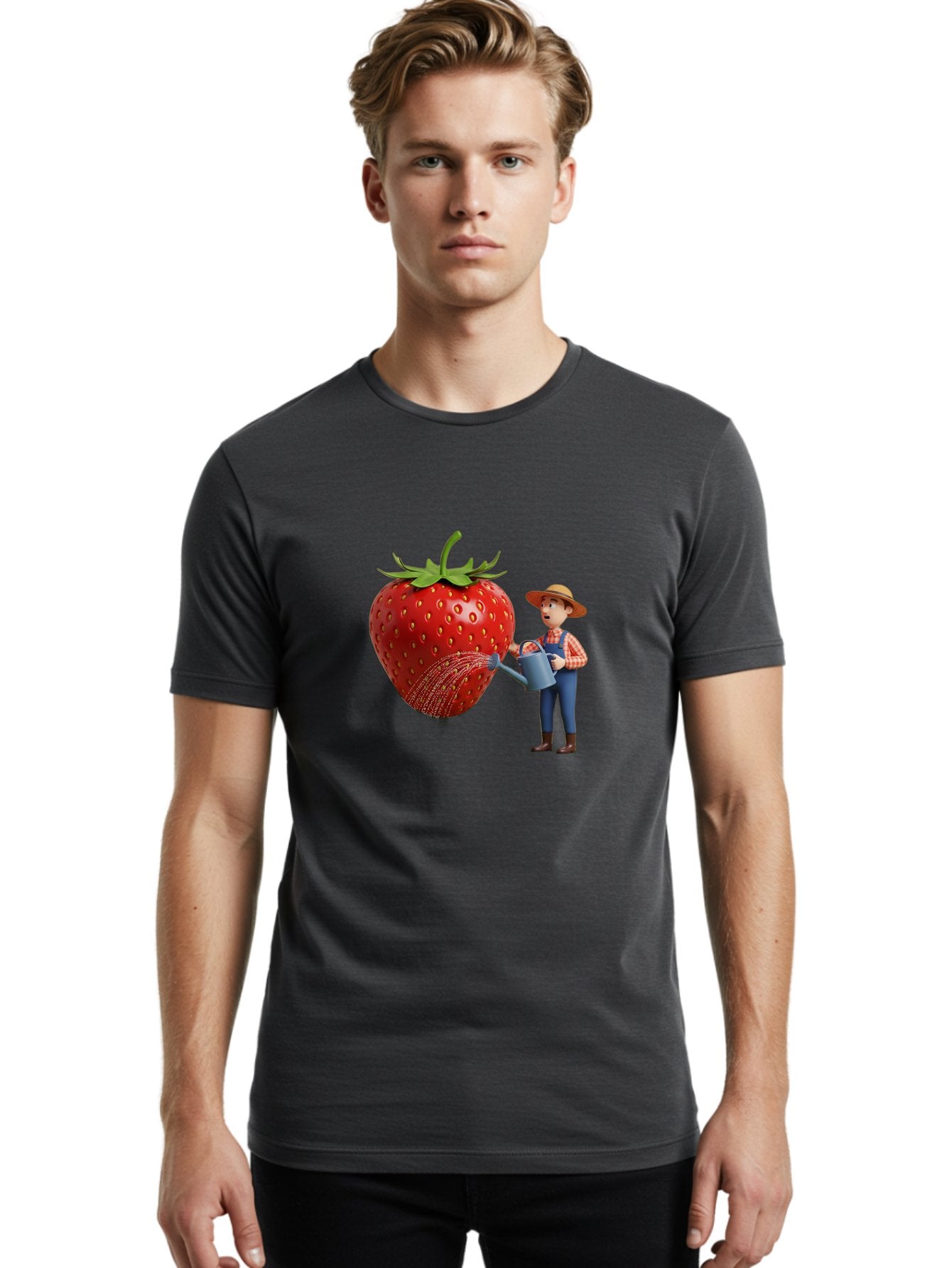 Farmer-Waters-Strawberry Men'S Graphic Tee, 100% Cotton, Comfortable Casual Summer Wear, Machine Washable, Cartoon Farmer Watering Giant Strawberry, Rural Life, Fruit Care, Gardening Scene, Farm Fresh Produce, Agricultural Theme, Baa660 22