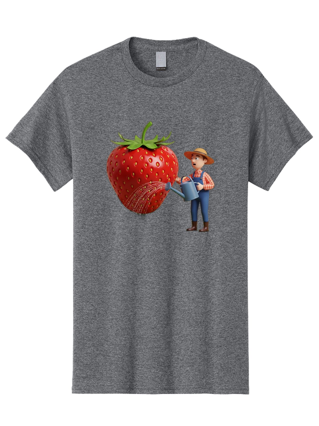 Farmer-Waters-Strawberry Men'S Graphic Tee, 100% Cotton, Comfortable Casual Summer Wear, Machine Washable, Cartoon Farmer Watering Giant Strawberry, Rural Life, Fruit Care, Gardening Scene, Farm Fresh Produce, Agricultural Theme, Baa660 8