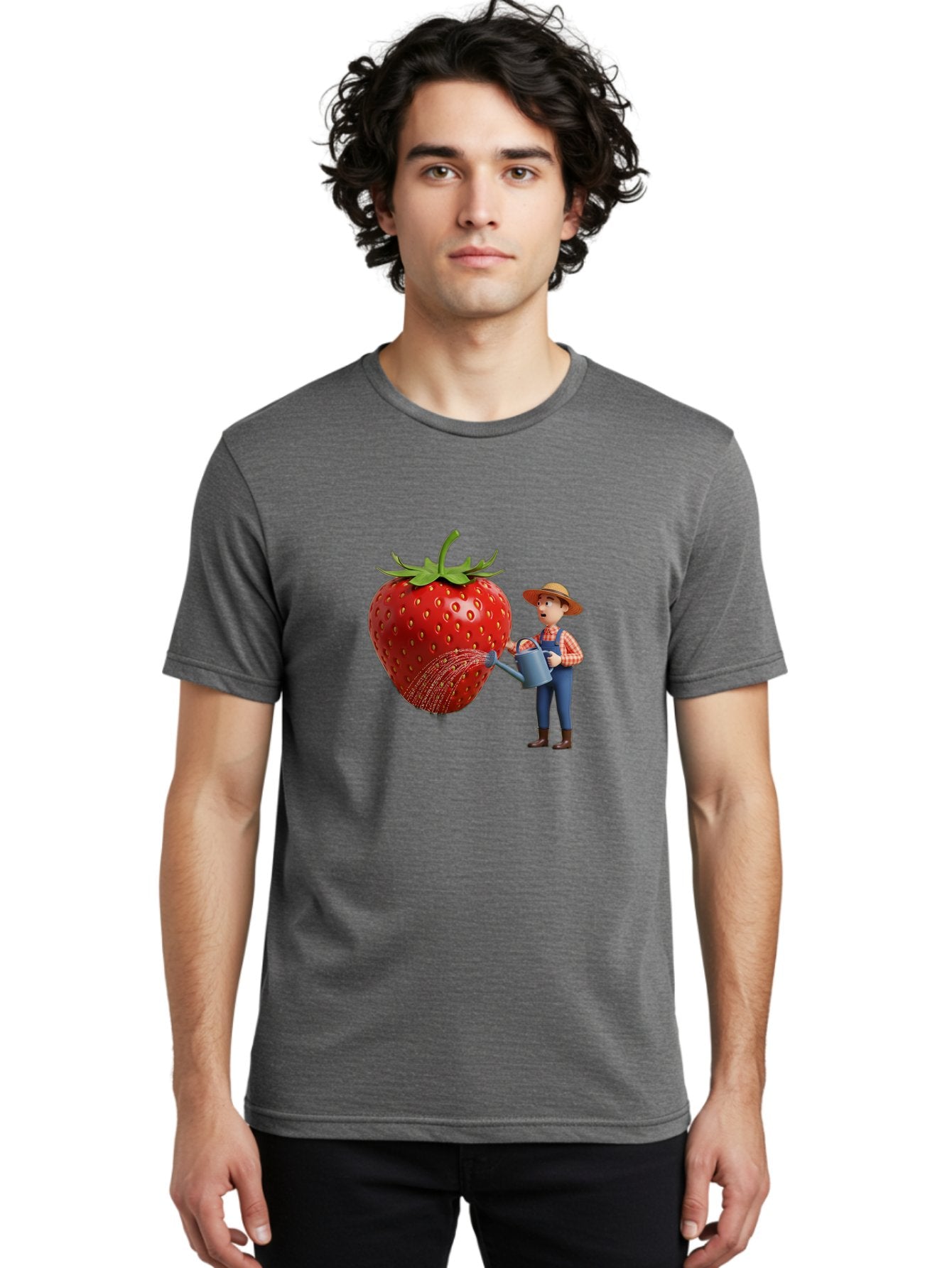 Farmer-Waters-Strawberry Men'S Graphic Tee, 100% Cotton, Comfortable Casual Summer Wear, Machine Washable, Cartoon Farmer Watering Giant Strawberry, Rural Life, Fruit Care, Gardening Scene, Farm Fresh Produce, Agricultural Theme, Baa660 25
