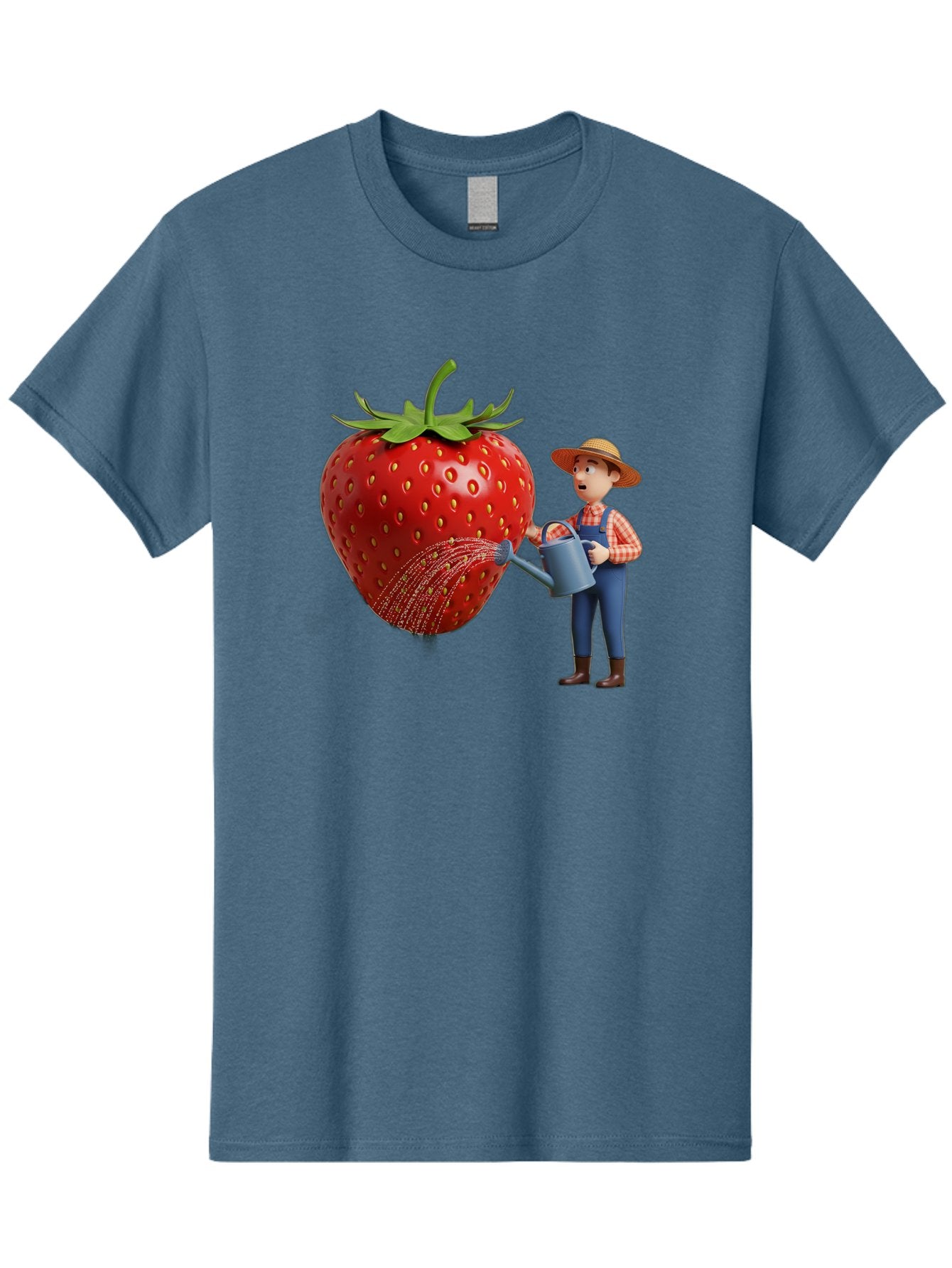 Farmer-Waters-Strawberry Men'S Graphic Tee, 100% Cotton, Comfortable Casual Summer Wear, Machine Washable, Cartoon Farmer Watering Giant Strawberry, Rural Life, Fruit Care, Gardening Scene, Farm Fresh Produce, Agricultural Theme, Baa660 5