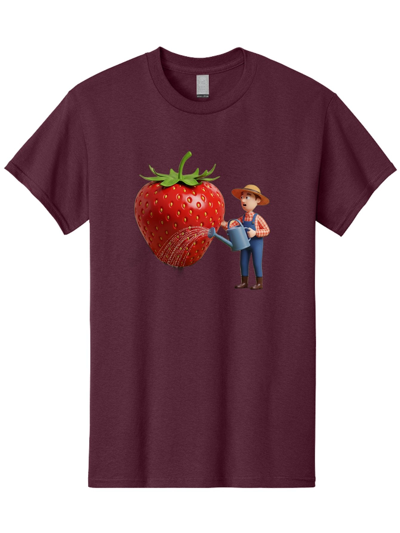 Farmer-Waters-Strawberry Men'S Graphic Tee, 100% Cotton, Comfortable Casual Summer Wear, Machine Washable, Cartoon Farmer Watering Giant Strawberry, Rural Life, Fruit Care, Gardening Scene, Farm Fresh Produce, Agricultural Theme, Baa660 12