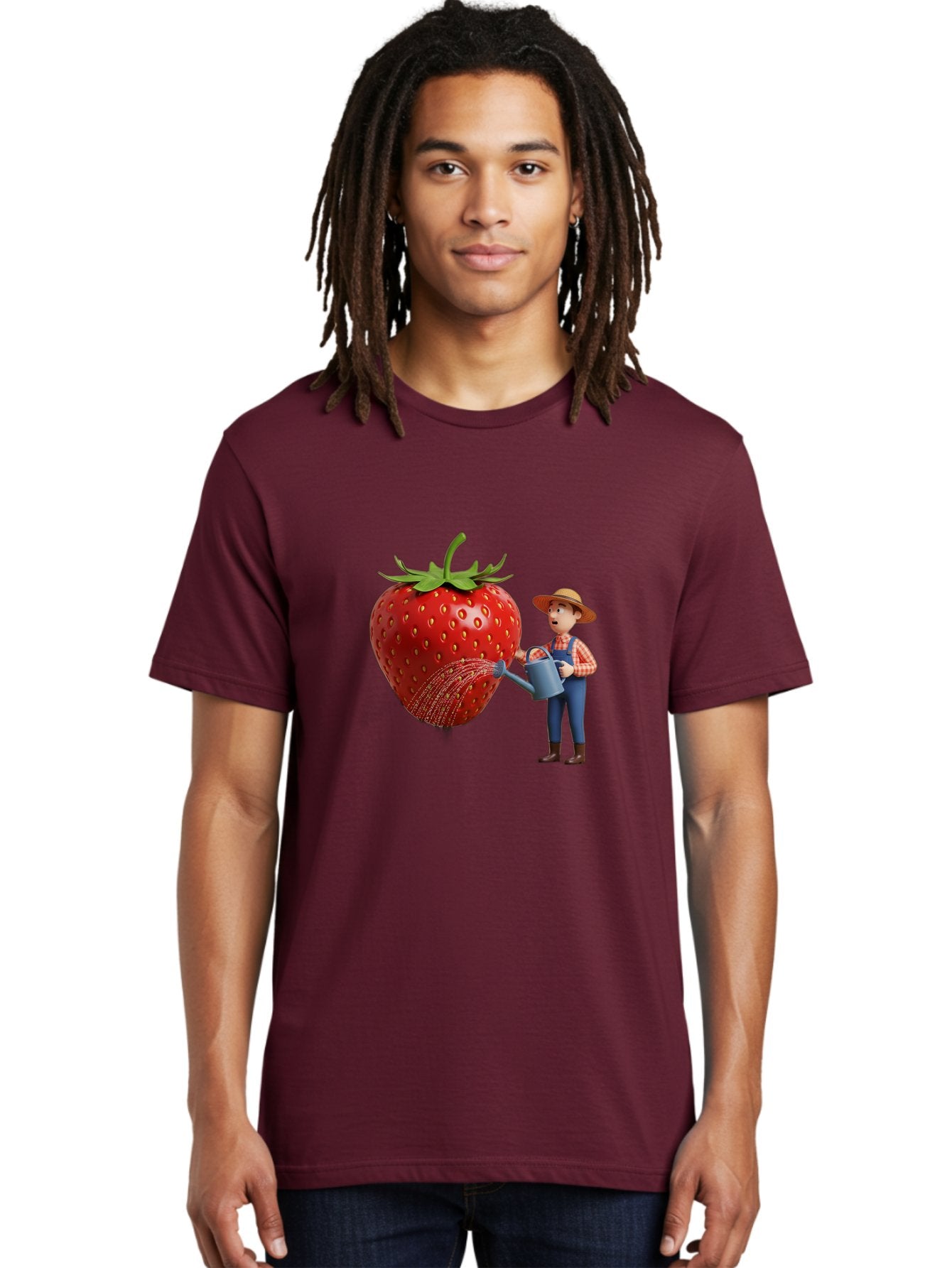 Farmer-Waters-Strawberry Men'S Graphic Tee, 100% Cotton, Comfortable Casual Summer Wear, Machine Washable, Cartoon Farmer Watering Giant Strawberry, Rural Life, Fruit Care, Gardening Scene, Farm Fresh Produce, Agricultural Theme, Baa660 28