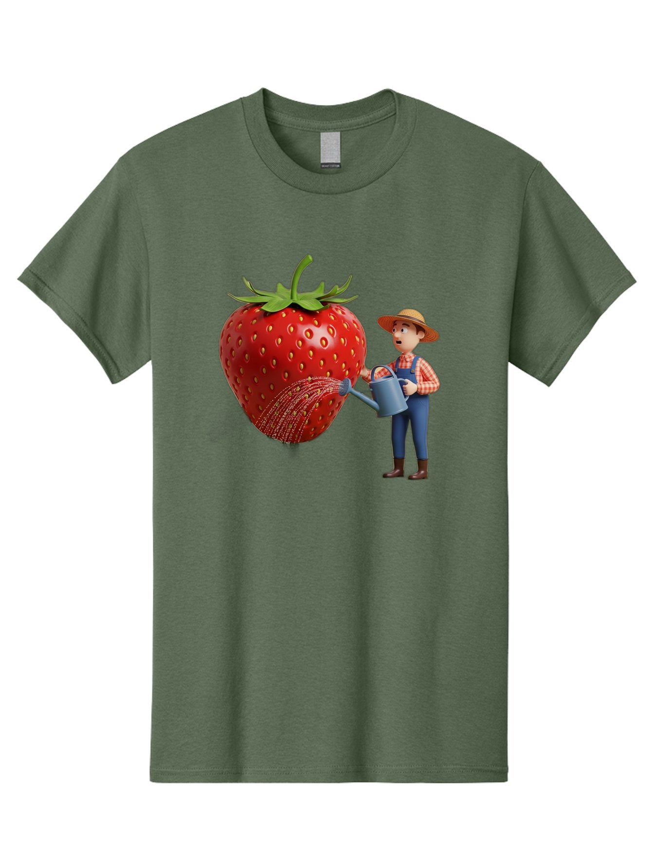 Farmer-Waters-Strawberry Men'S Graphic Tee, 100% Cotton, Comfortable Casual Summer Wear, Machine Washable, Cartoon Farmer Watering Giant Strawberry, Rural Life, Fruit Care, Gardening Scene, Farm Fresh Produce, Agricultural Theme, Baa660 10
