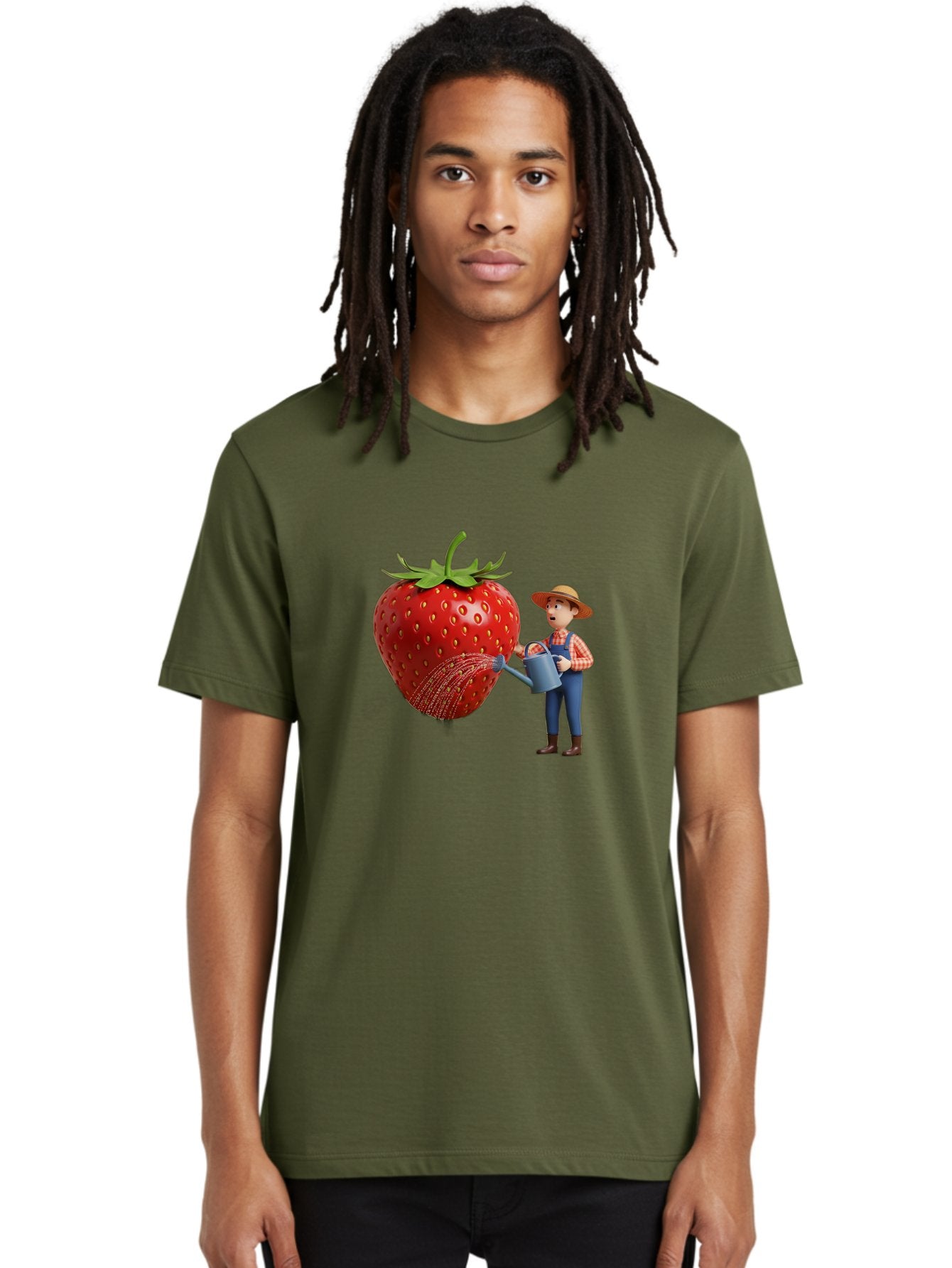 Farmer-Waters-Strawberry Men'S Graphic Tee, 100% Cotton, Comfortable Casual Summer Wear, Machine Washable, Cartoon Farmer Watering Giant Strawberry, Rural Life, Fruit Care, Gardening Scene, Farm Fresh Produce, Agricultural Theme, Baa660 17