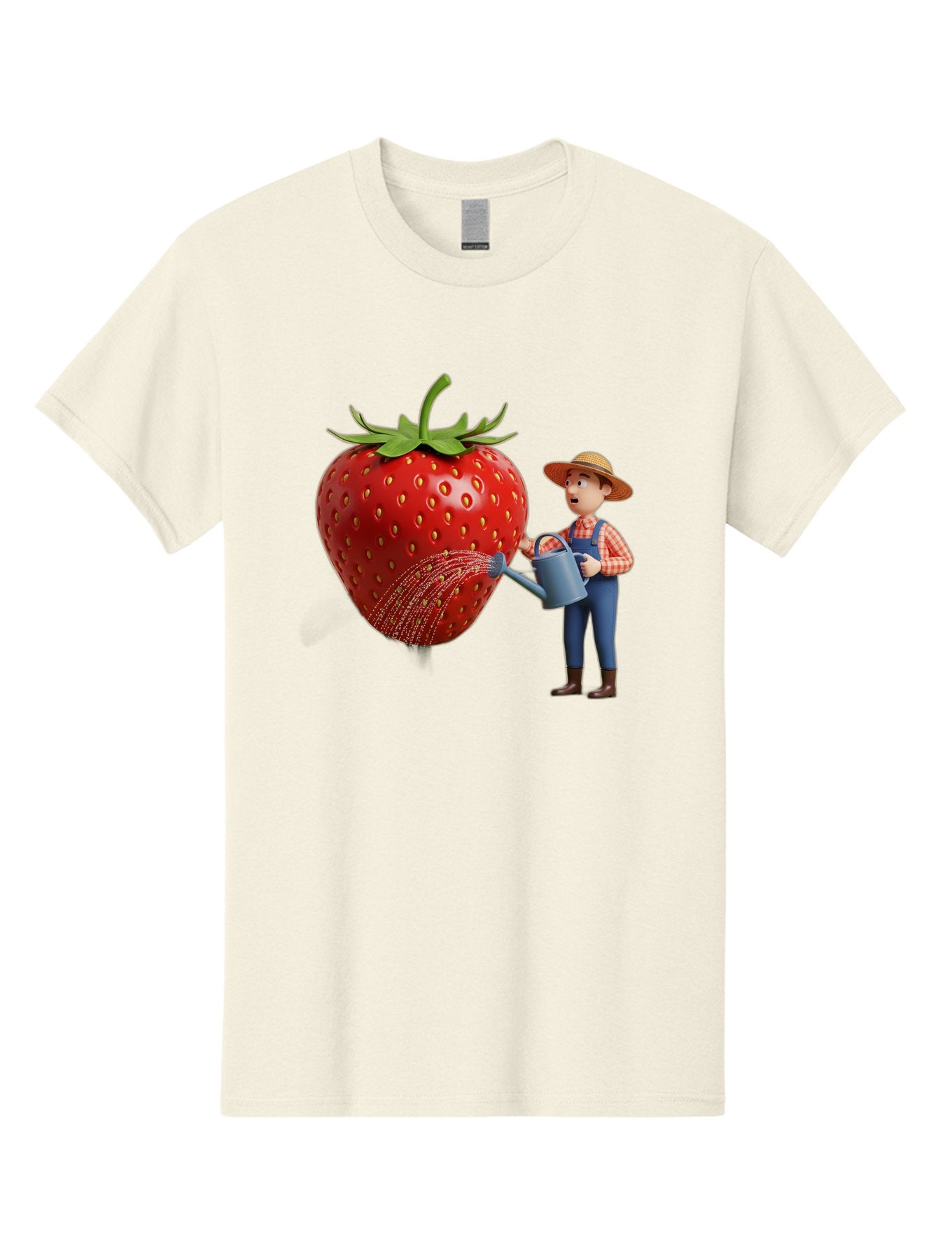 Farmer-Waters-Strawberry Men'S Graphic Tee, 100% Cotton, Comfortable Casual Summer Wear, Machine Washable, Cartoon Farmer Watering Giant Strawberry, Rural Life, Fruit Care, Gardening Scene, Farm Fresh Produce, Agricultural Theme, Baa660 7