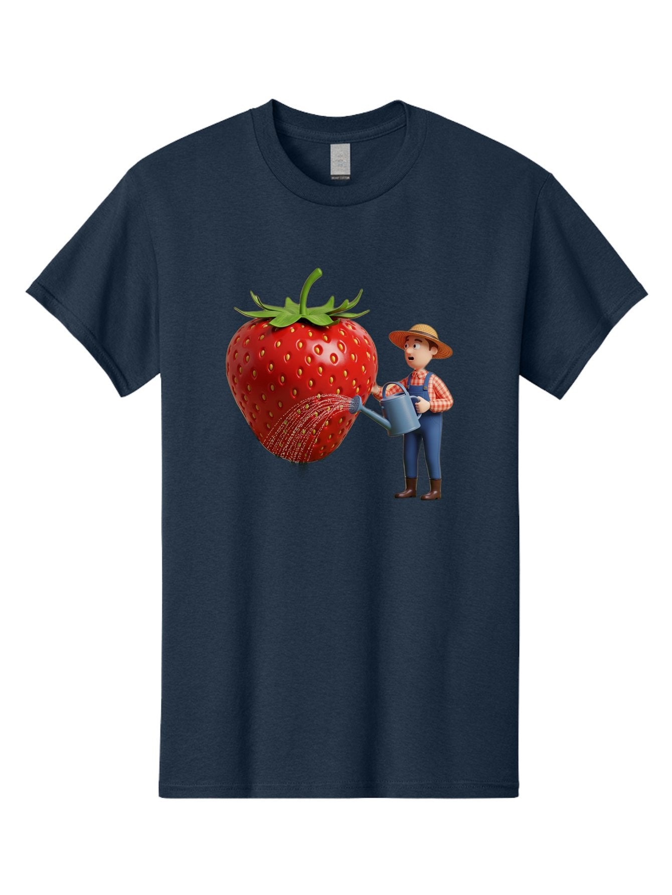 Farmer-Waters-Strawberry Men'S Graphic Tee, 100% Cotton, Comfortable Casual Summer Wear, Machine Washable, Cartoon Farmer Watering Giant Strawberry, Rural Life, Fruit Care, Gardening Scene, Farm Fresh Produce, Agricultural Theme, Baa660