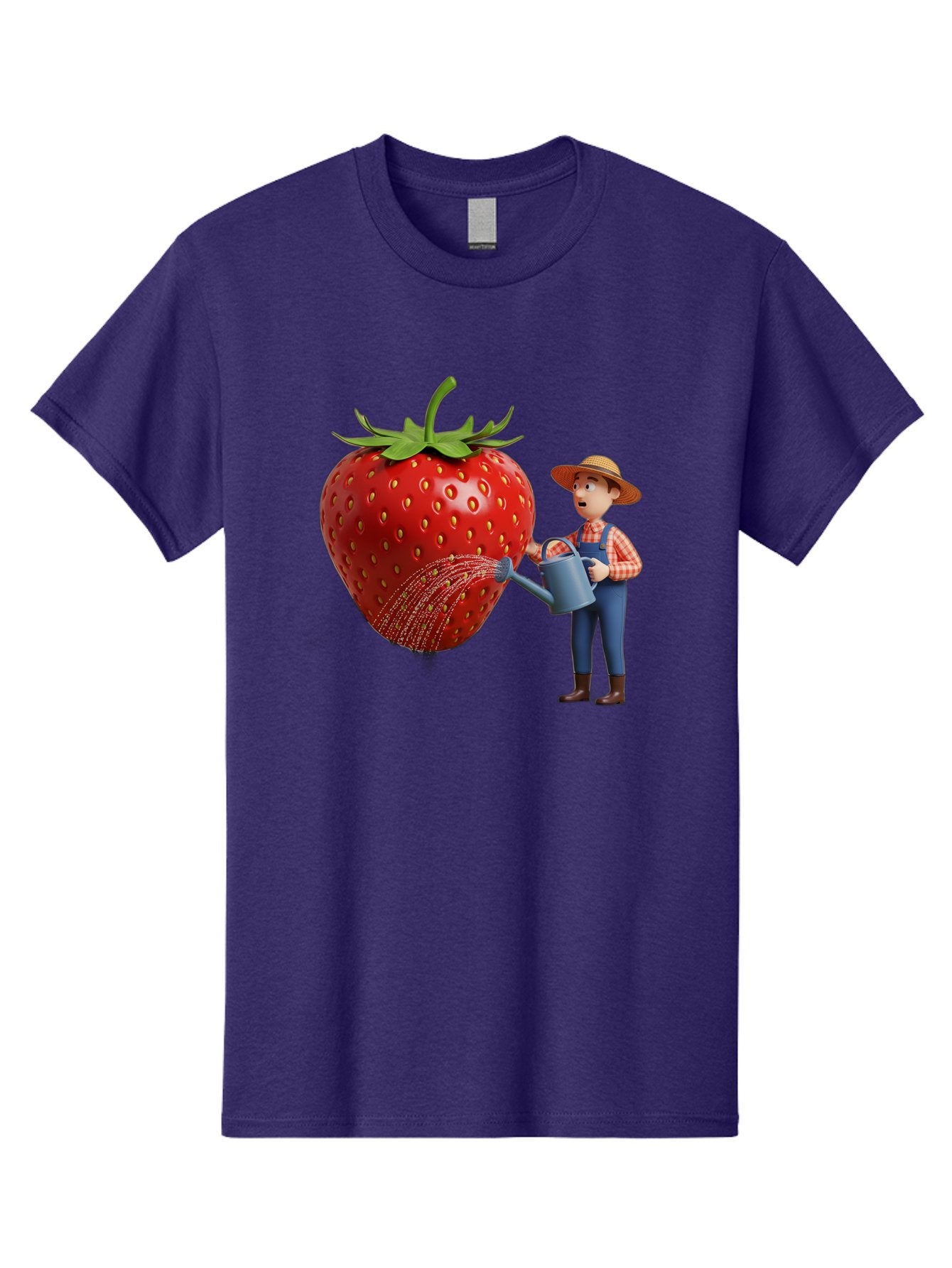 Farmer-Waters-Strawberry Men'S Graphic Tee, 100% Cotton, Comfortable Casual Summer Wear, Machine Washable, Cartoon Farmer Watering Giant Strawberry, Rural Life, Fruit Care, Gardening Scene, Farm Fresh Produce, Agricultural Theme, Baa660 11