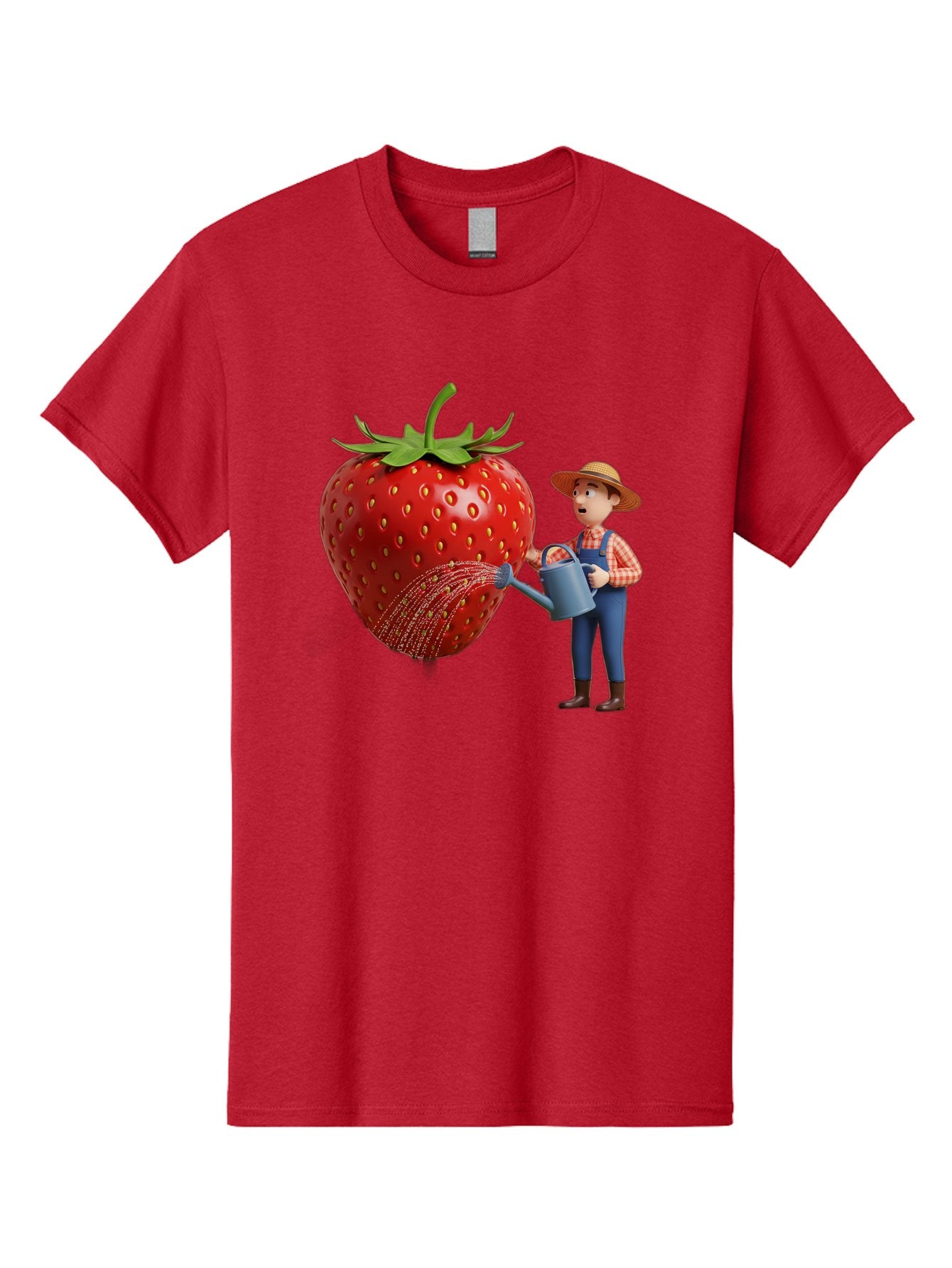 Farmer-Waters-Strawberry Men'S Graphic Tee, 100% Cotton, Comfortable Casual Summer Wear, Machine Washable, Cartoon Farmer Watering Giant Strawberry, Rural Life, Fruit Care, Gardening Scene, Farm Fresh Produce, Agricultural Theme, Baa660 6