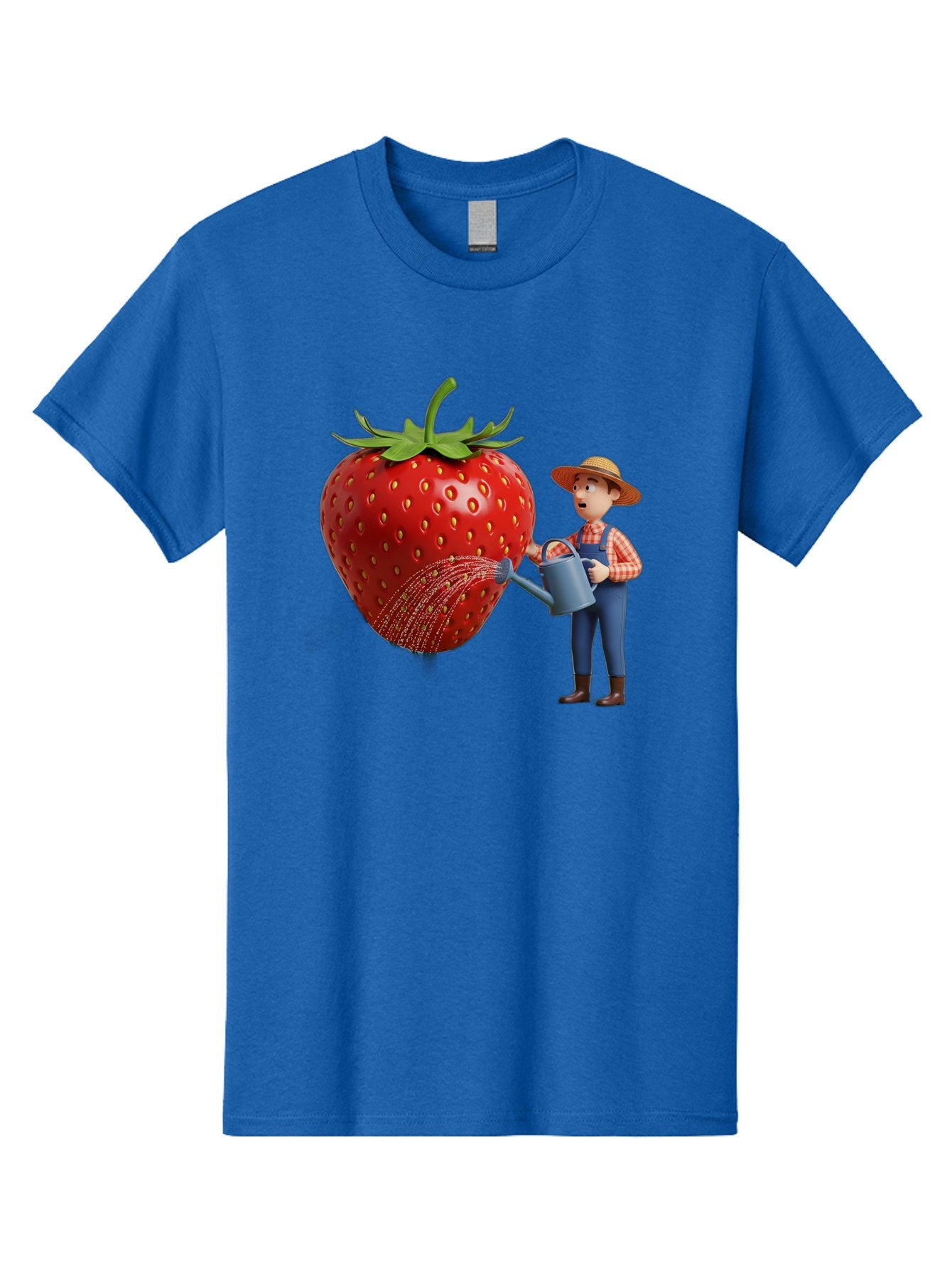 Farmer-Waters-Strawberry Men'S Graphic Tee, 100% Cotton, Comfortable Casual Summer Wear, Machine Washable, Cartoon Farmer Watering Giant Strawberry, Rural Life, Fruit Care, Gardening Scene, Farm Fresh Produce, Agricultural Theme, Baa660 14