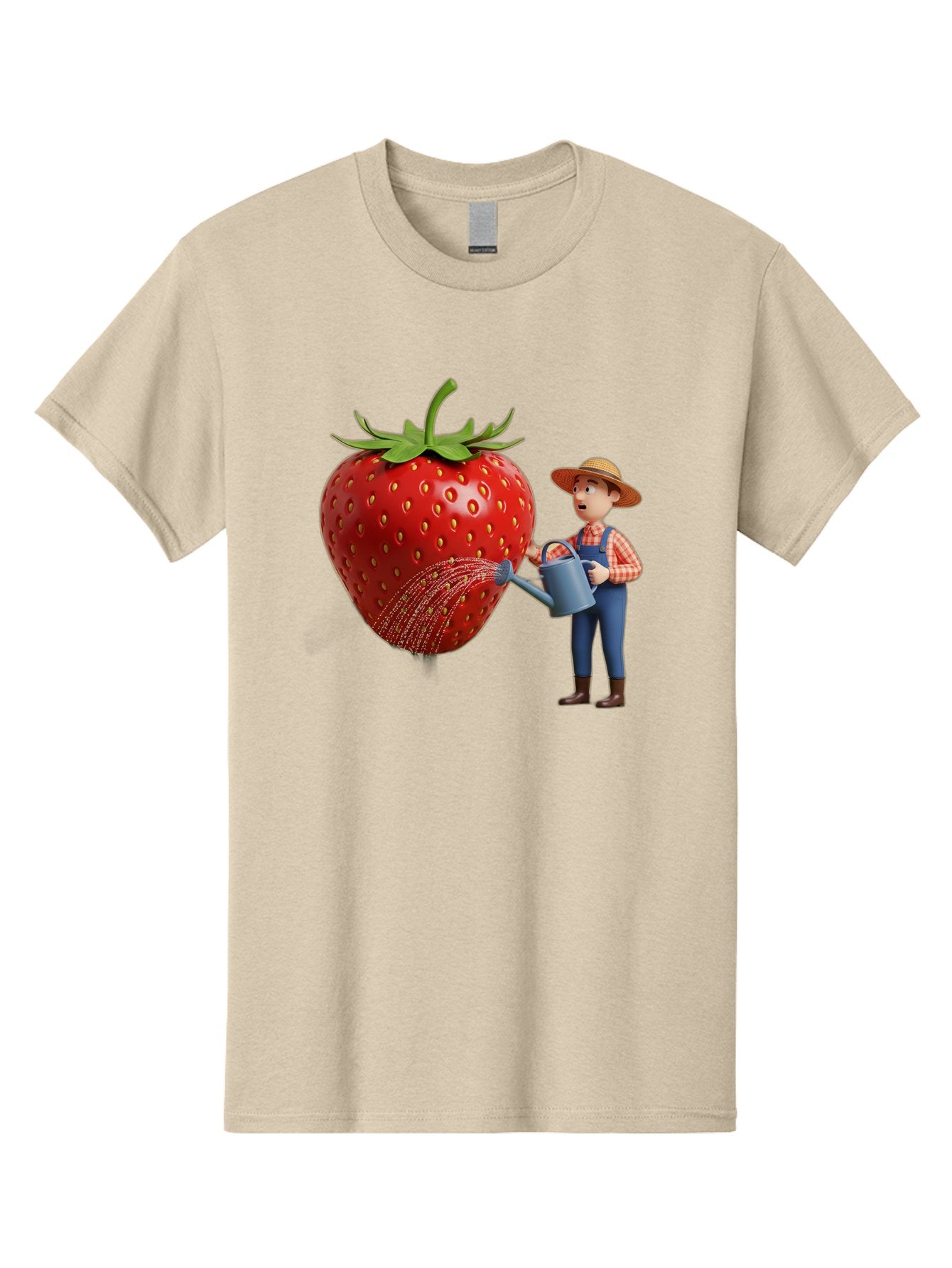 Farmer-Waters-Strawberry Men'S Graphic Tee, 100% Cotton, Comfortable Casual Summer Wear, Machine Washable, Cartoon Farmer Watering Giant Strawberry, Rural Life, Fruit Care, Gardening Scene, Farm Fresh Produce, Agricultural Theme, Baa660 13