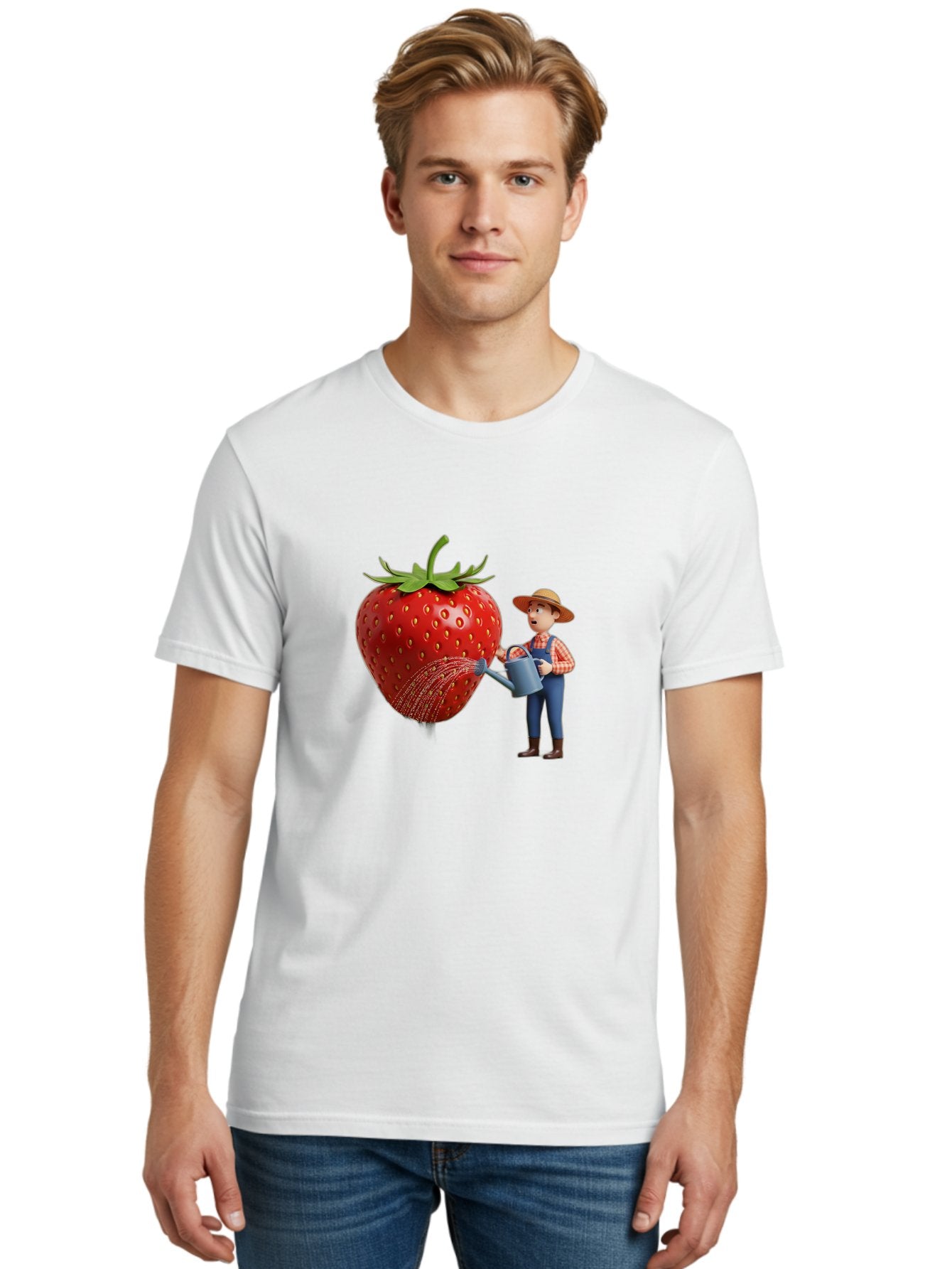 Farmer-Waters-Strawberry Men'S Graphic Tee, 100% Cotton, Comfortable Casual Summer Wear, Machine Washable, Cartoon Farmer Watering Giant Strawberry, Rural Life, Fruit Care, Gardening Scene, Farm Fresh Produce, Agricultural Theme, Baa660 26