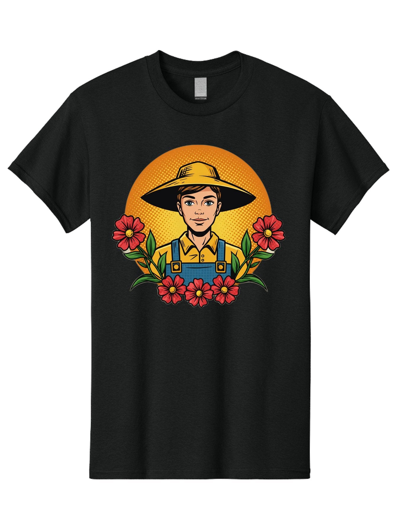 Farmer-With-Flowers Men'S Graphic Tee, 100% Cotton, Comfortable Casual Summer Wear, Machine Washable, Young Farmer, Gardening, Flowers, Floral Arrangement, Gardening Overall, Yellow Hat, Red Flowers, Gardening Illustration, Agricultural Theme, Baa661 3