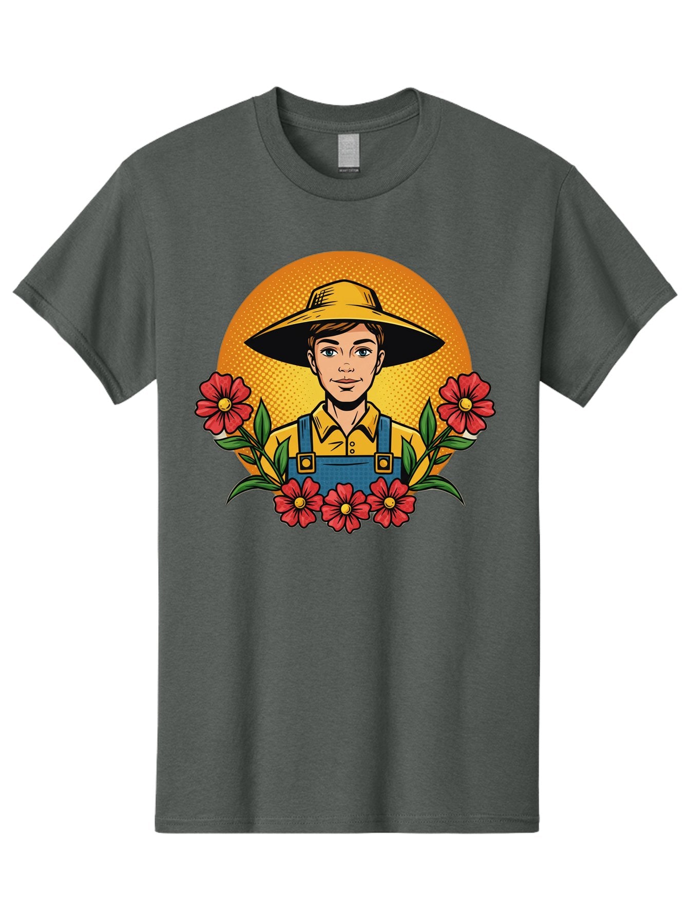 Farmer-With-Flowers Men'S Graphic Tee, 100% Cotton, Comfortable Casual Summer Wear, Machine Washable, Young Farmer, Gardening, Flowers, Floral Arrangement, Gardening Overall, Yellow Hat, Red Flowers, Gardening Illustration, Agricultural Theme, Baa661 11