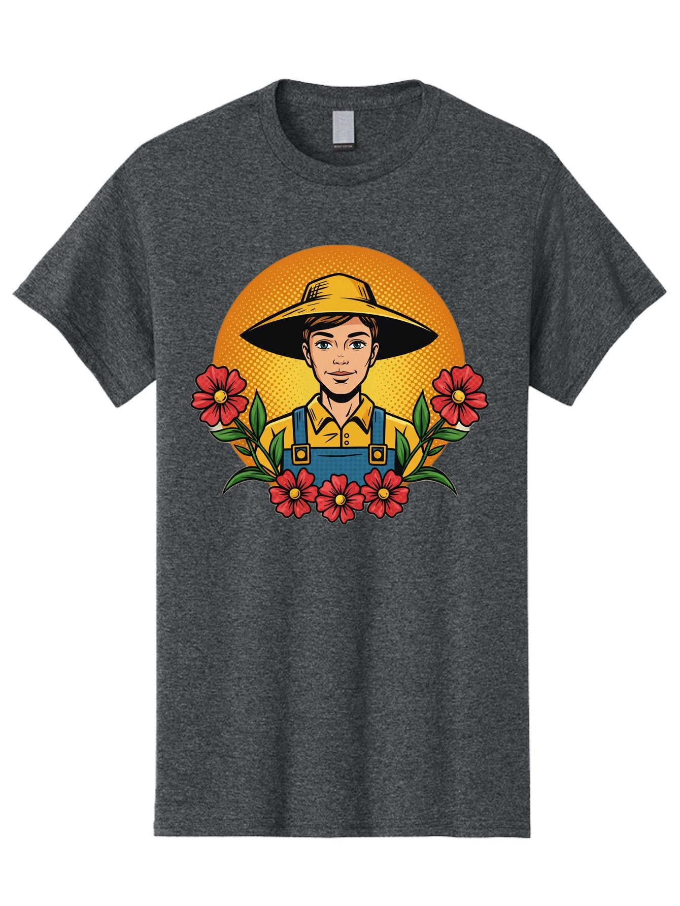 Farmer-With-Flowers Men'S Graphic Tee, 100% Cotton, Comfortable Casual Summer Wear, Machine Washable, Young Farmer, Gardening, Flowers, Floral Arrangement, Gardening Overall, Yellow Hat, Red Flowers, Gardening Illustration, Agricultural Theme, Baa661 10