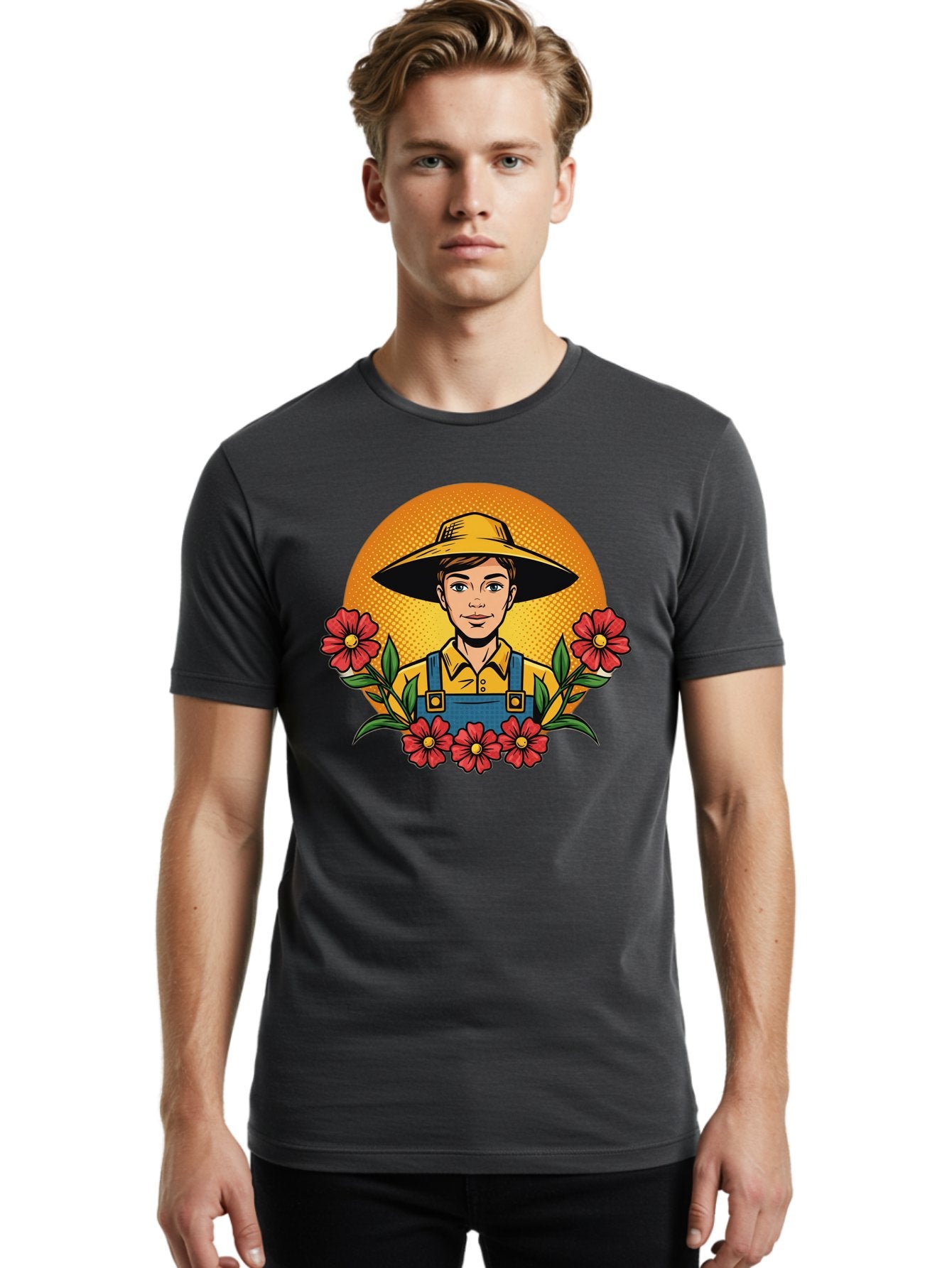 Farmer-With-Flowers Men'S Graphic Tee, 100% Cotton, Comfortable Casual Summer Wear, Machine Washable, Young Farmer, Gardening, Flowers, Floral Arrangement, Gardening Overall, Yellow Hat, Red Flowers, Gardening Illustration, Agricultural Theme, Baa661 17