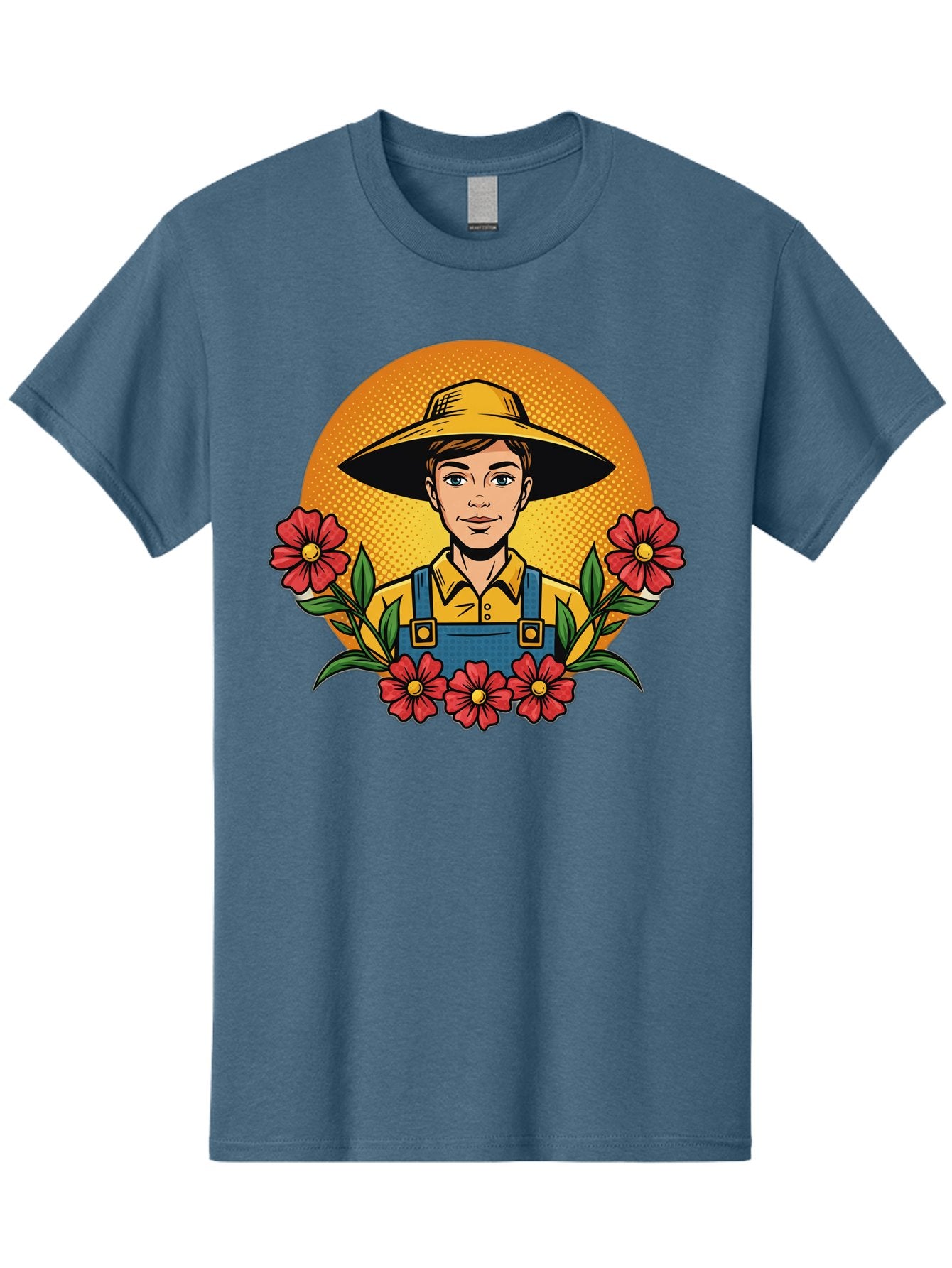Farmer-With-Flowers Men'S Graphic Tee, 100% Cotton, Comfortable Casual Summer Wear, Machine Washable, Young Farmer, Gardening, Flowers, Floral Arrangement, Gardening Overall, Yellow Hat, Red Flowers, Gardening Illustration, Agricultural Theme, Baa661 13