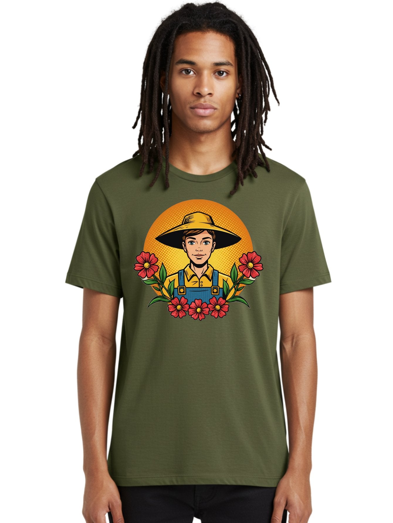 Farmer-With-Flowers Men'S Graphic Tee, 100% Cotton, Comfortable Casual Summer Wear, Machine Washable, Young Farmer, Gardening, Flowers, Floral Arrangement, Gardening Overall, Yellow Hat, Red Flowers, Gardening Illustration, Agricultural Theme, Baa661 19