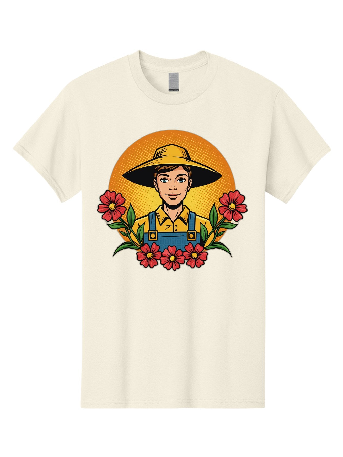 Farmer-With-Flowers Men'S Graphic Tee, 100% Cotton, Comfortable Casual Summer Wear, Machine Washable, Young Farmer, Gardening, Flowers, Floral Arrangement, Gardening Overall, Yellow Hat, Red Flowers, Gardening Illustration, Agricultural Theme, Baa661 15