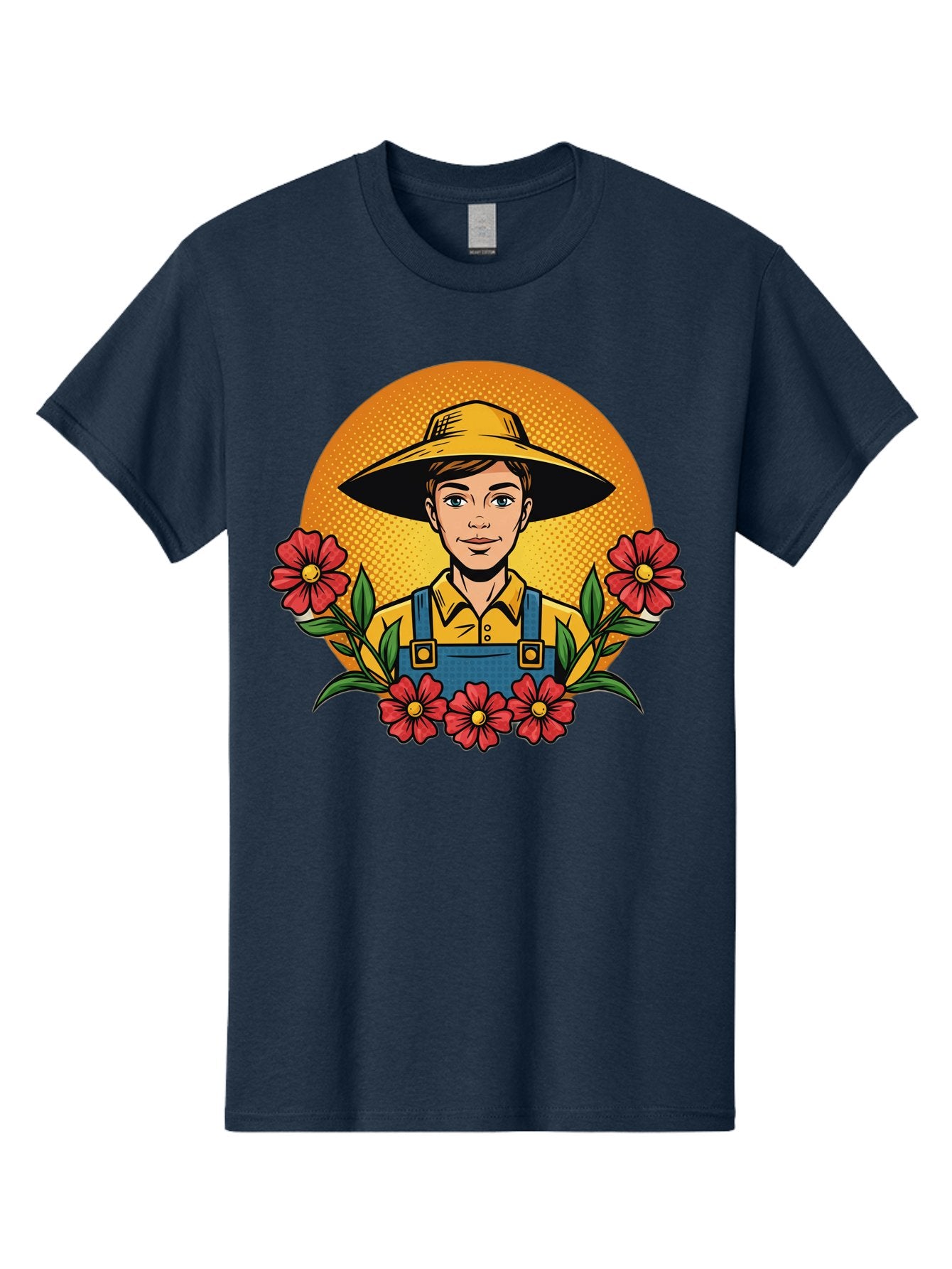 Farmer-With-Flowers Men'S Graphic Tee, 100% Cotton, Comfortable Casual Summer Wear, Machine Washable, Young Farmer, Gardening, Flowers, Floral Arrangement, Gardening Overall, Yellow Hat, Red Flowers, Gardening Illustration, Agricultural Theme, Baa661 7