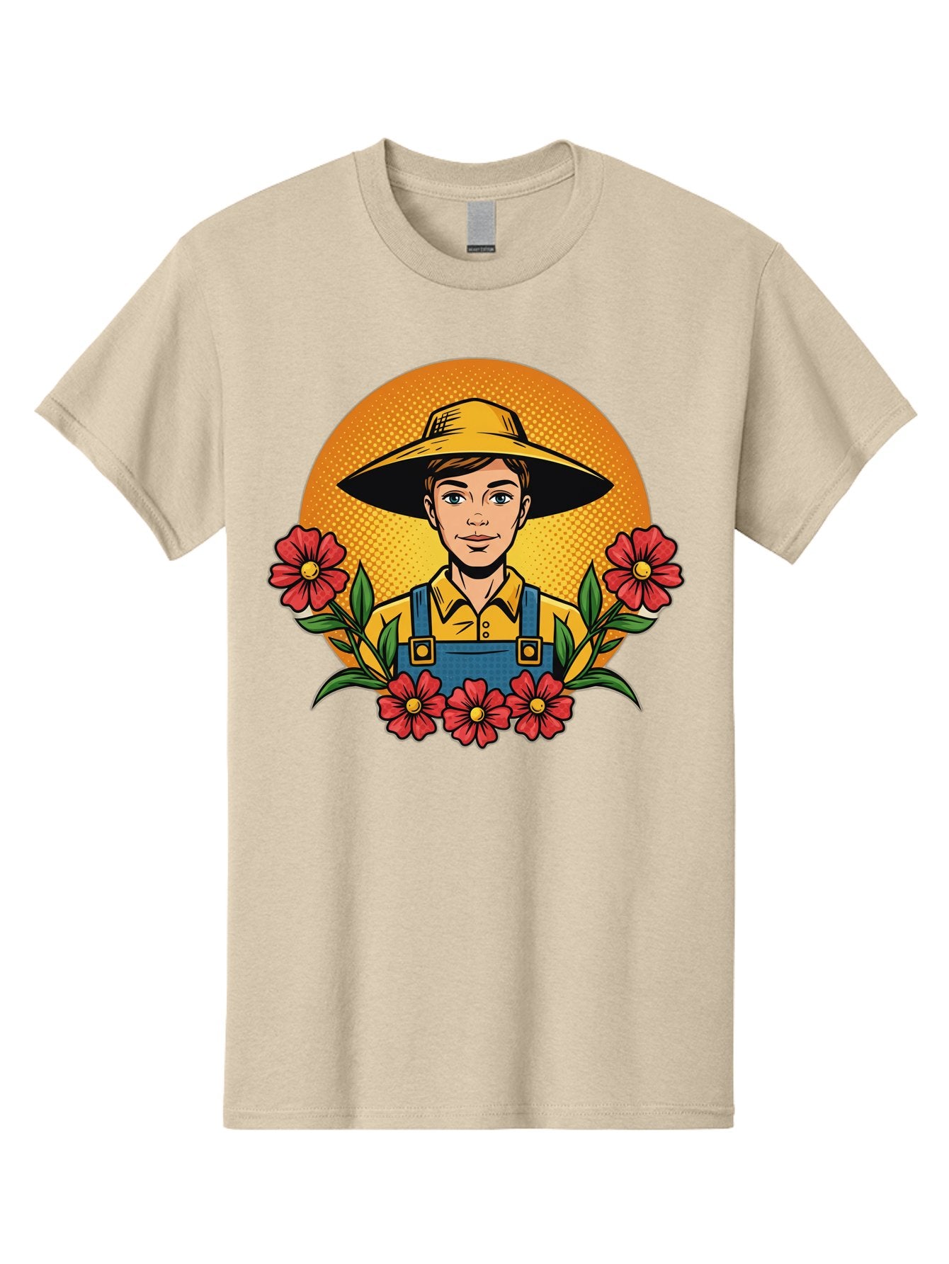 Farmer-With-Flowers Men'S Graphic Tee, 100% Cotton, Comfortable Casual Summer Wear, Machine Washable, Young Farmer, Gardening, Flowers, Floral Arrangement, Gardening Overall, Yellow Hat, Red Flowers, Gardening Illustration, Agricultural Theme, Baa661 14