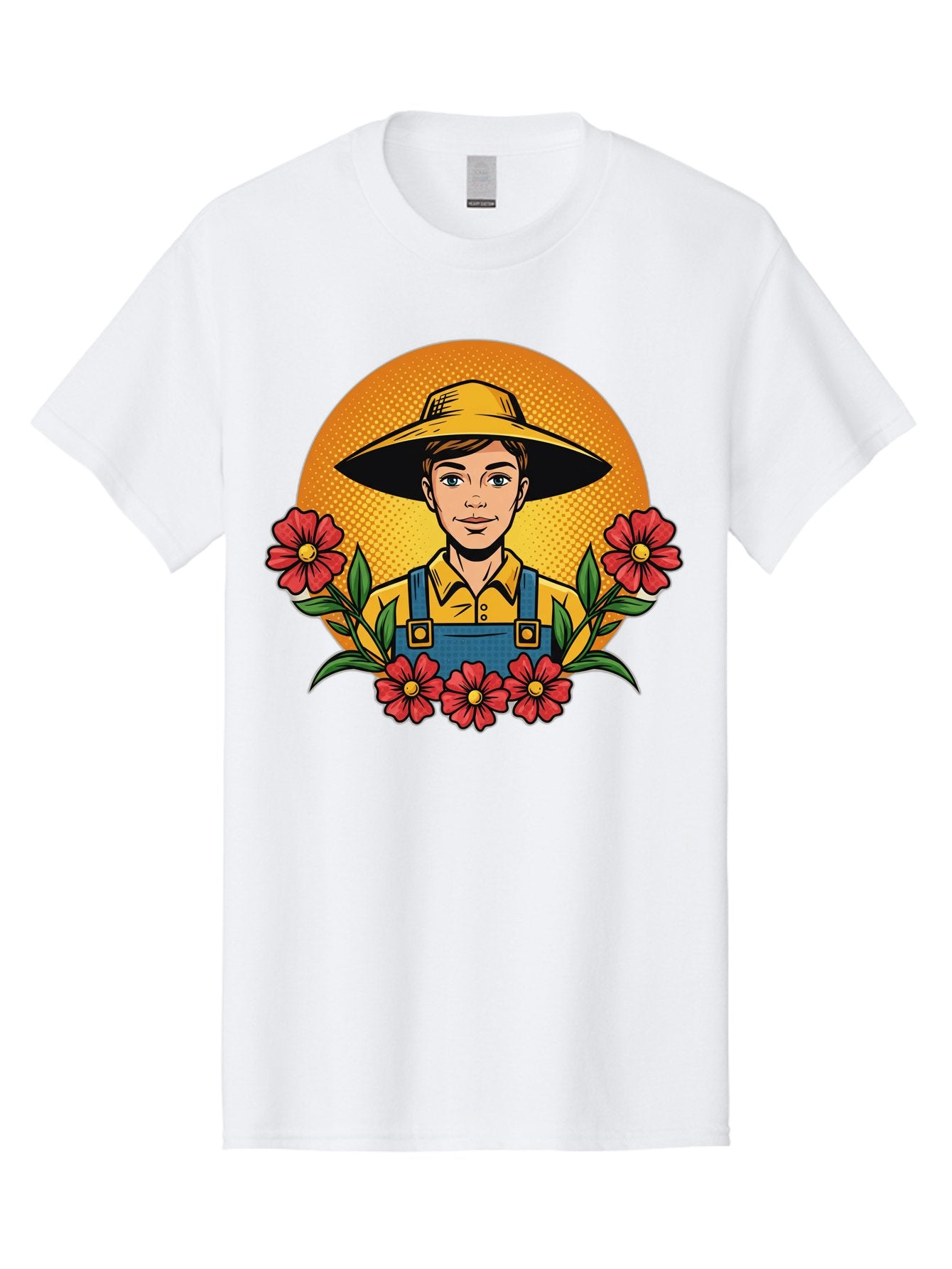Farmer-With-Flowers Men'S Graphic Tee, 100% Cotton, Comfortable Casual Summer Wear, Machine Washable, Young Farmer, Gardening, Flowers, Floral Arrangement, Gardening Overall, Yellow Hat, Red Flowers, Gardening Illustration, Agricultural Theme, Baa661 12